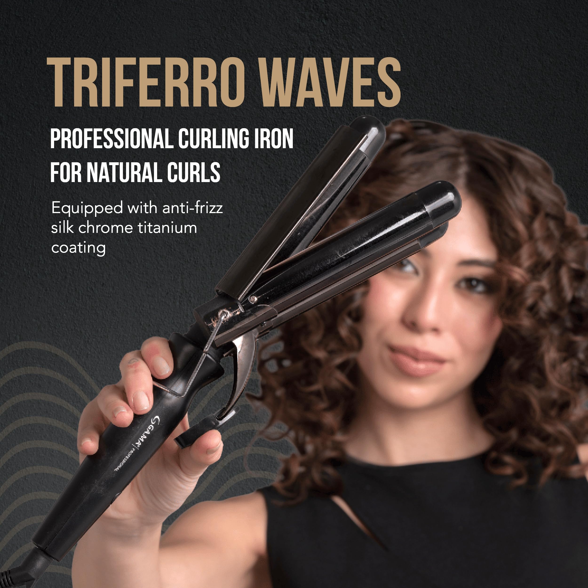 GA.MA Salon Curl Triferro Hair Waver, Silk Chrome Titanium 1" Triple Barrel Deep Waver with Anti-Frizz Coating, Adjustable 285–430° F Styling Tool