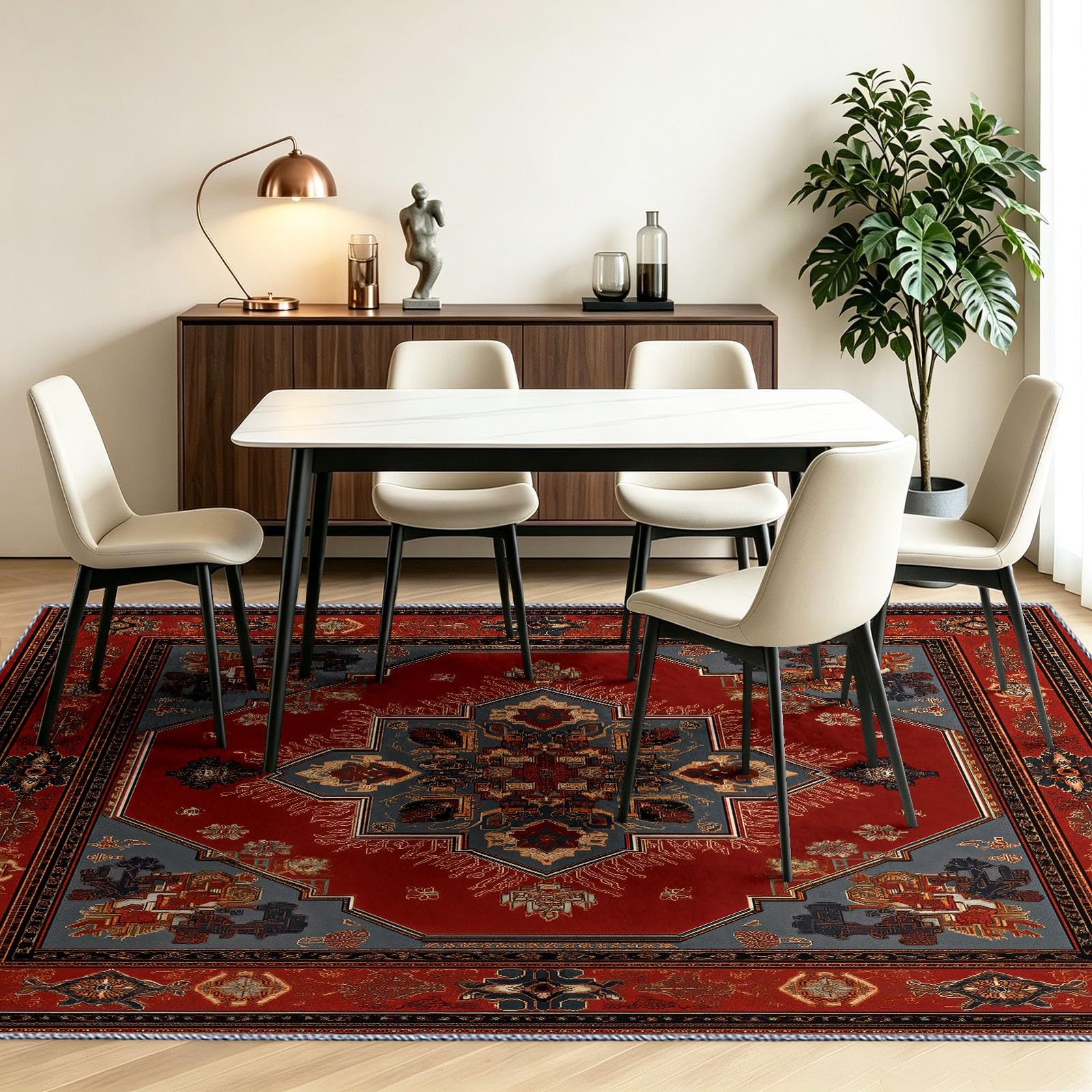 Générique Tapis Salon 160 x 230 cm Géométrique Tissé, Tapis Traditionnel, Lavable Antidérapant, Decoration Chambre Maison, Poil Ras, Doux, Bleu Canard