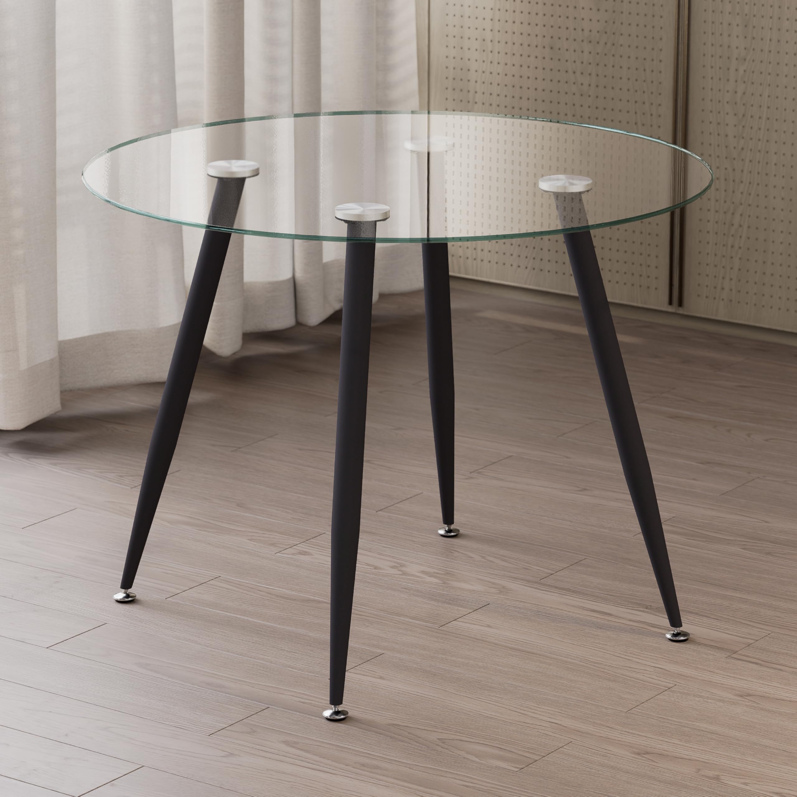 Mesa de Comedor Fija Redonda Corin | 100 x 100 x 75 cm | Ideal para Cocina o Salón | Ideal para 3 a 4 Personas | Tablero de Cristal Transparente | Patas de Metal en Negro