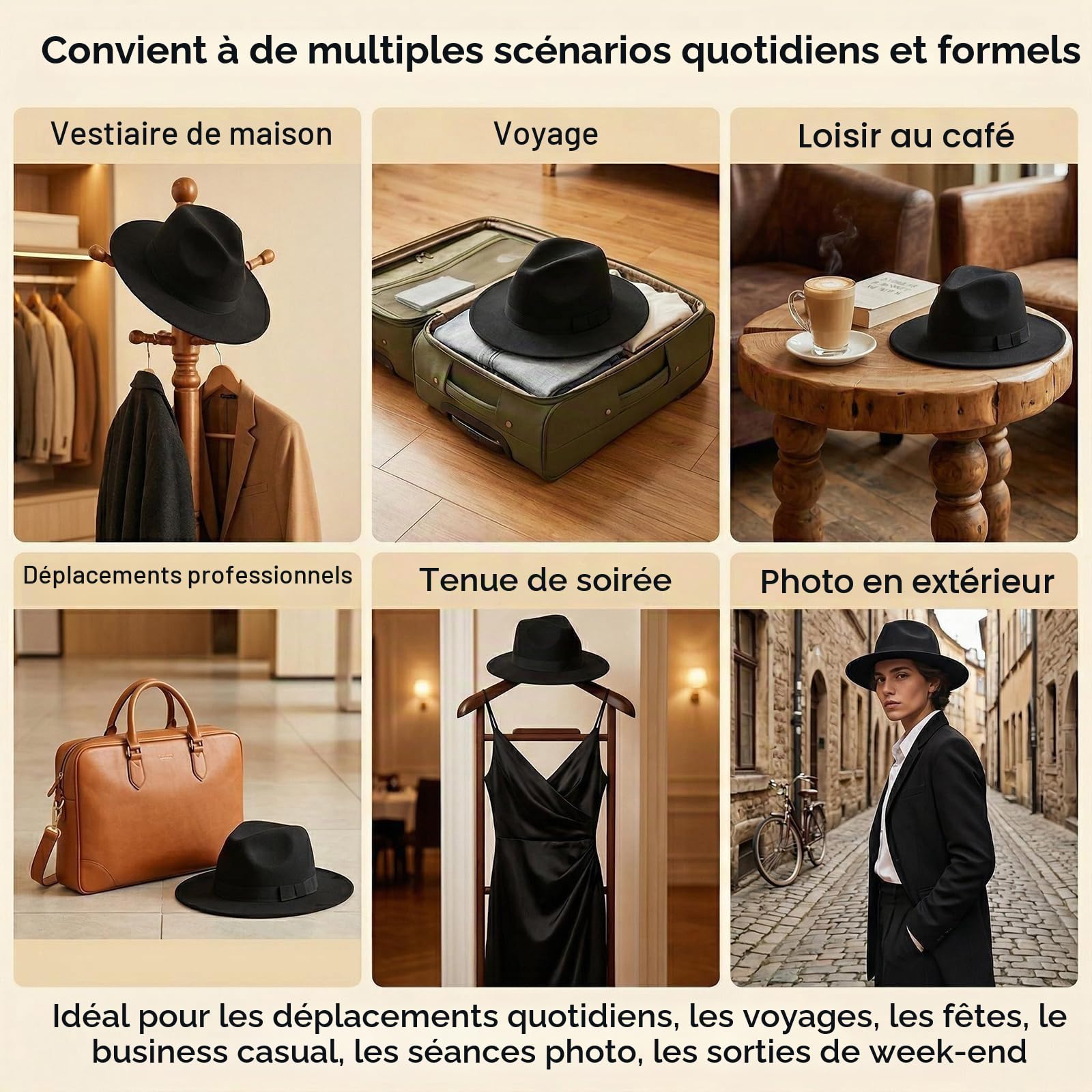 Chapeau Fedora à large bord pour femmes et hommes Upstore – Chapeau Panama classique en feutre avec bande (Circonférence de tête : 56-59 cm / 22-23 pouces) Noir