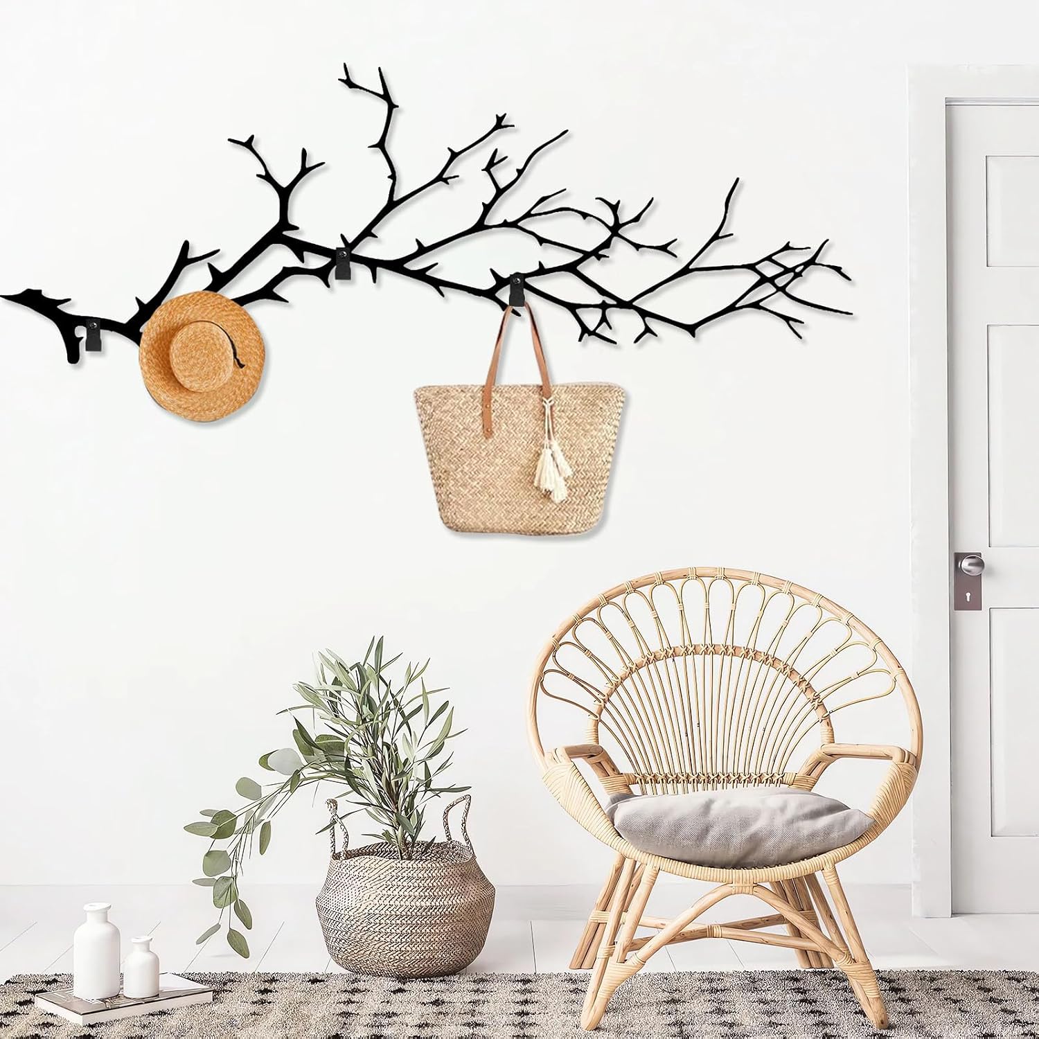 Extra Large Metal Branch Coat Rack, Tree Branch Wall Mount, Tree Branch Wall Hanger, Hat and Coat Rack, Home Storage Hooks, Entryway Wall Decor (Black, 30"x11")