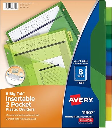Avery Dividers for 3 Ring Binders, 8-Tab Binder Dividers, Two-Pocket Plastic Binder Dividers, Insertable Big Tabs, Multicolor, 24 Sets (11907) Avery Dividers for 3 Ring Binders, 8-Tab Binder Dividers, Two-Pocket Plastic Binder Dividers, Insertable Big Tabs, Multicolor, 24 Sets (11907)