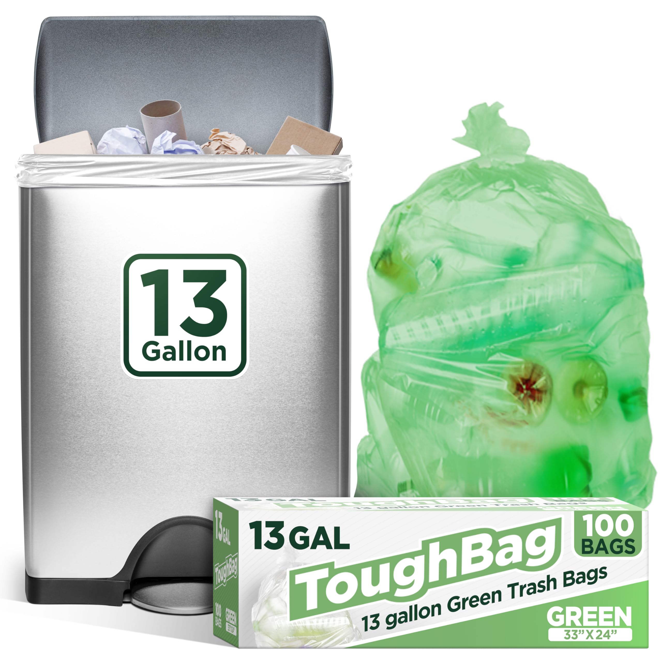 ToughBag 13 Gallon Trash Bags (100 Count) - Kitchen Trash Bags, Green Recycle Can Liners