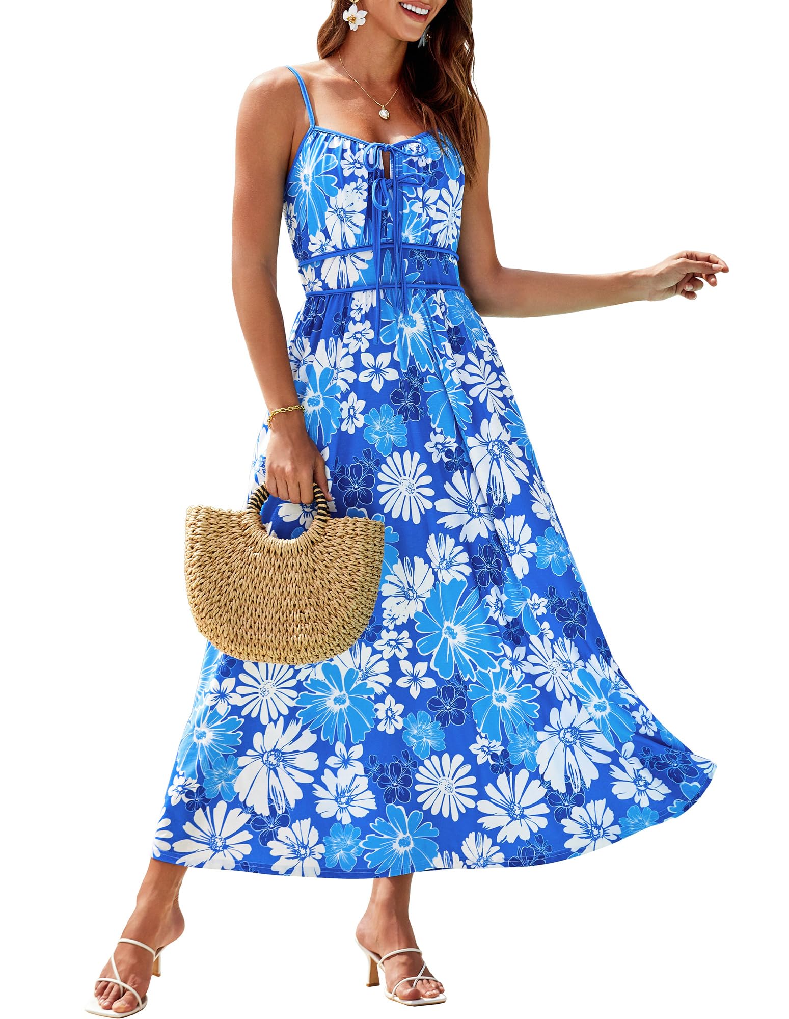 GRACE KARIN Damen Elegante Sommerkleid A-Linie V-Ausschnitt Blumenkleid Spaghetti Träger Böho Beach Maxikleid Lang Strandkleid Urlaub