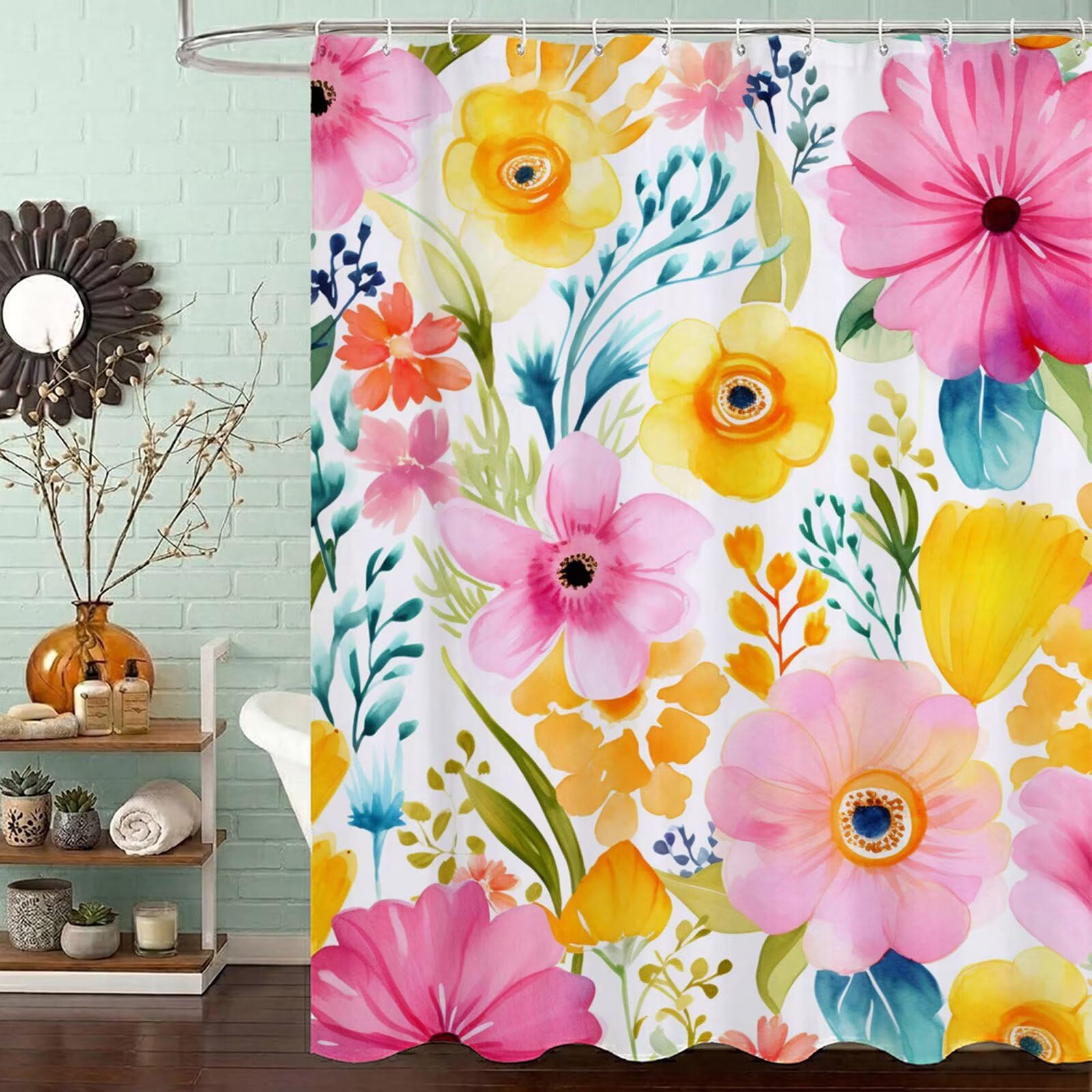 Duschvorhang 200x240 cm Anti Schimmel - Rosa Design - Wasserdicht & Waschbar Schnelltrocknender Polyester Stoff - Inkl. 12 Ringe und Gewicht Shower Curtain für Badezimmer Dusche Badewanne, Gelb J8-169
