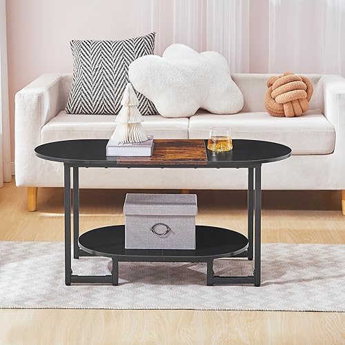 Miniatura 7 de HOOBRO - Mesa de café para sala de estar, mesa de café ovalada pequeña con estante de almacenamiento abierto de 2 niveles, mesa de té industrial
