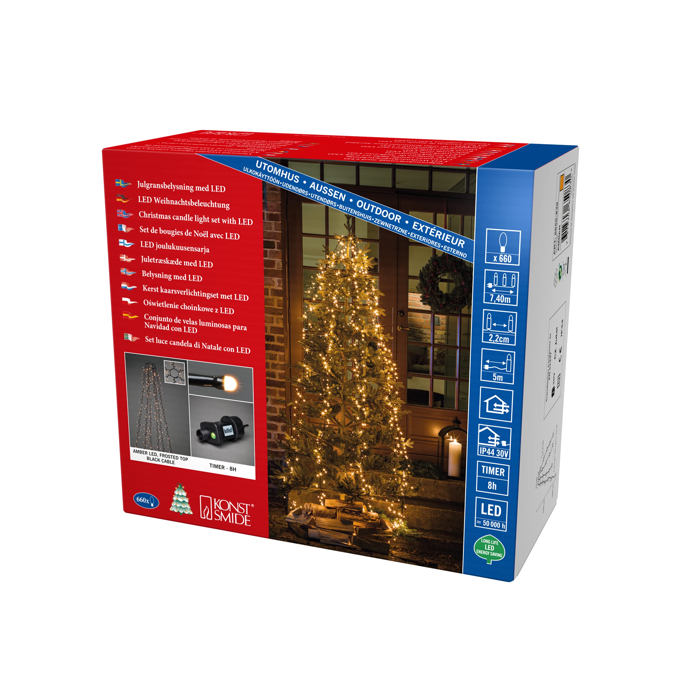 Konstsmide Micro LED Compactlights - Guaina con anello, 6 fili da 110 diodi smerigliati, timer da 8 ore, 660 diodi ambrati, trasformatore esterno da 30 V (IP44), 6 W, cavo nero, 6650-830, 660 LED