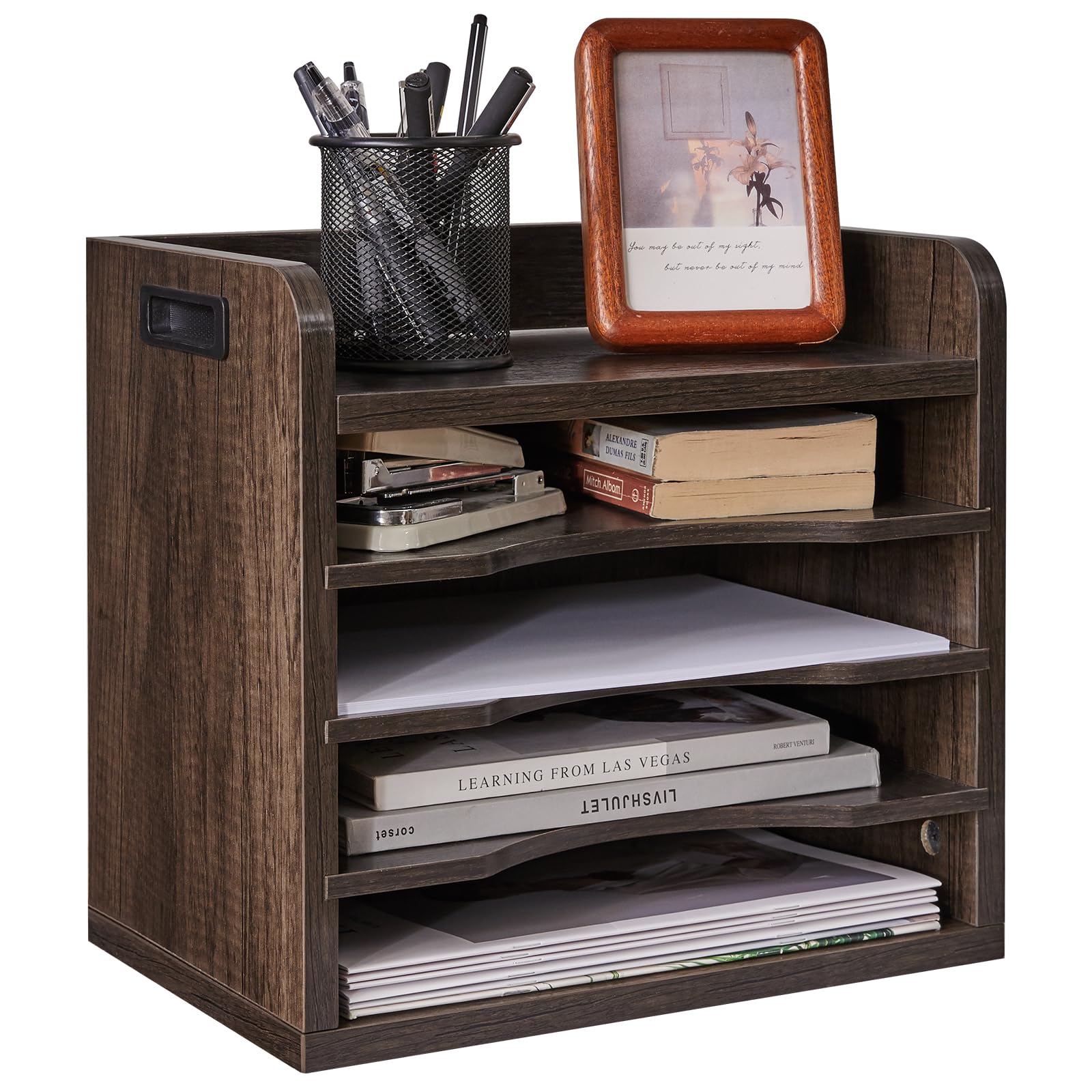 YMYNY Organiseur de Breau en Bois, Étagère de Stockage, Corbeille à Courrier avec Tablettes Amovibles pour Fournitures de A4, Documents, Livres, Cahiers 34×23×31.5CM Gris HBC006G