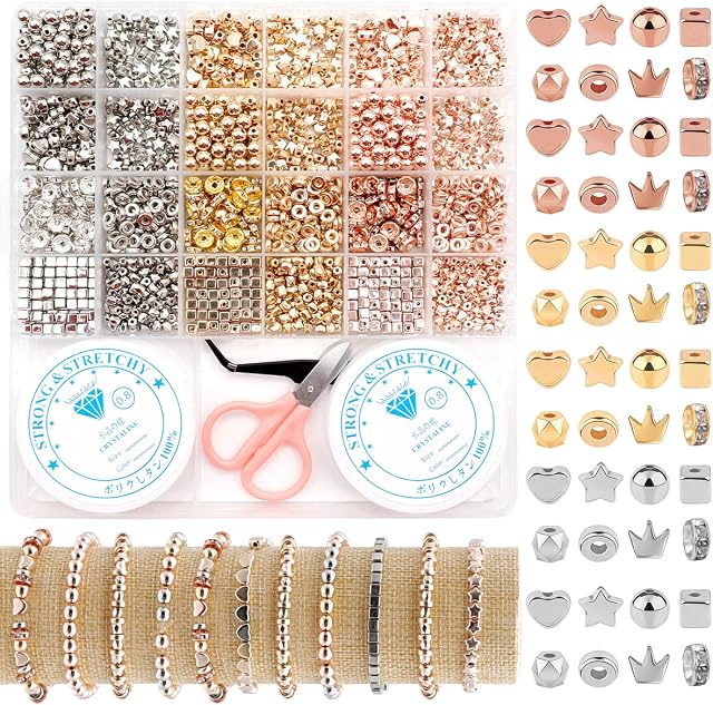 Dotilili 1744 Pcs 4mm 6mm Spacer Beads, 8 Styles Round Flat Gold Spacer Loose Beads Stopper Beads for Bracelet Necklace DIY Crafts Jewelry Making Supplies
