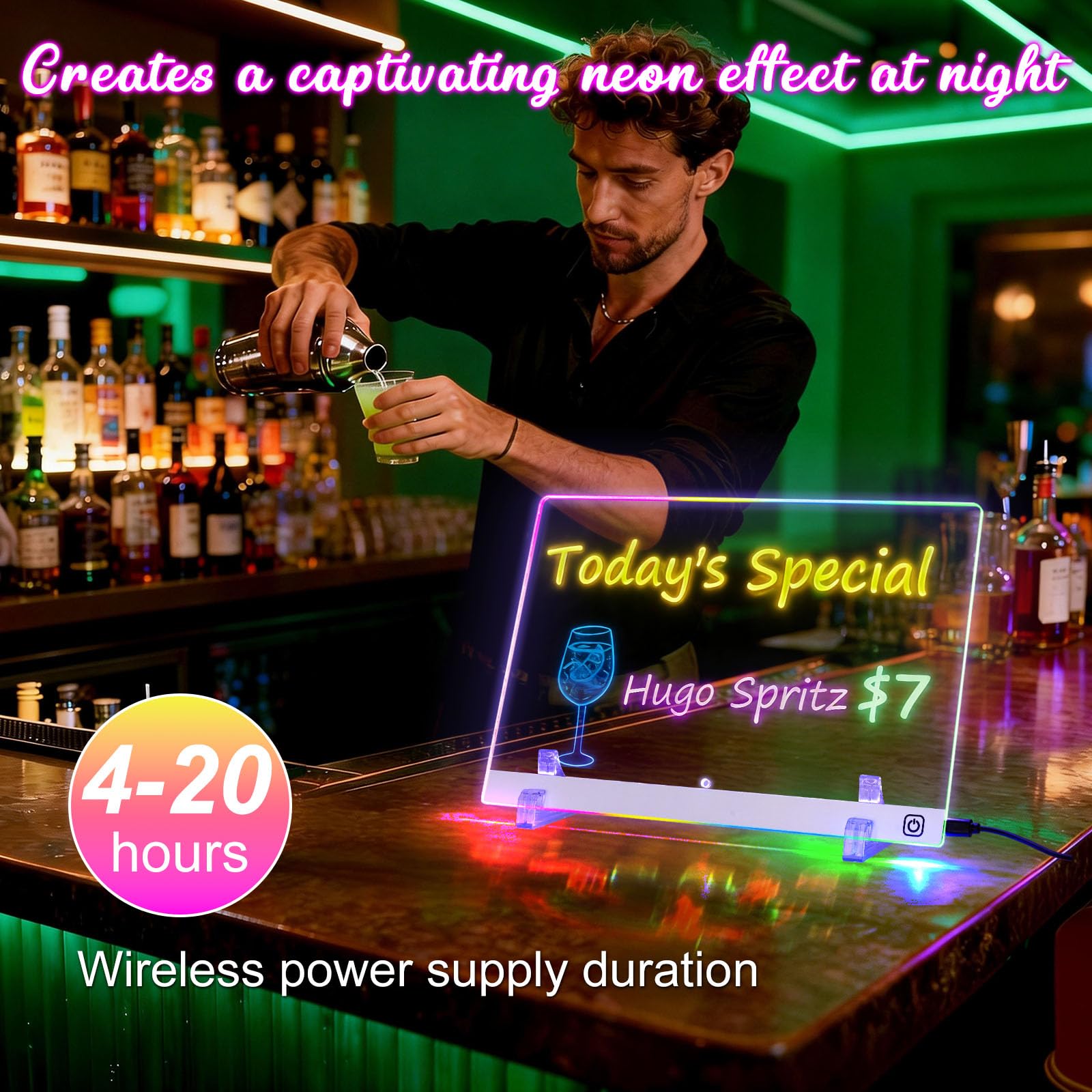 Farnirvana Lavagnetta Cancellabile Bambini, 30x20cm Lavagnetta in Acrilico con Luci LED, Con 7 Colori penna e 2 supporto, per Ristoranti，Scuola, Bar, Casa, Ufficio, Natale