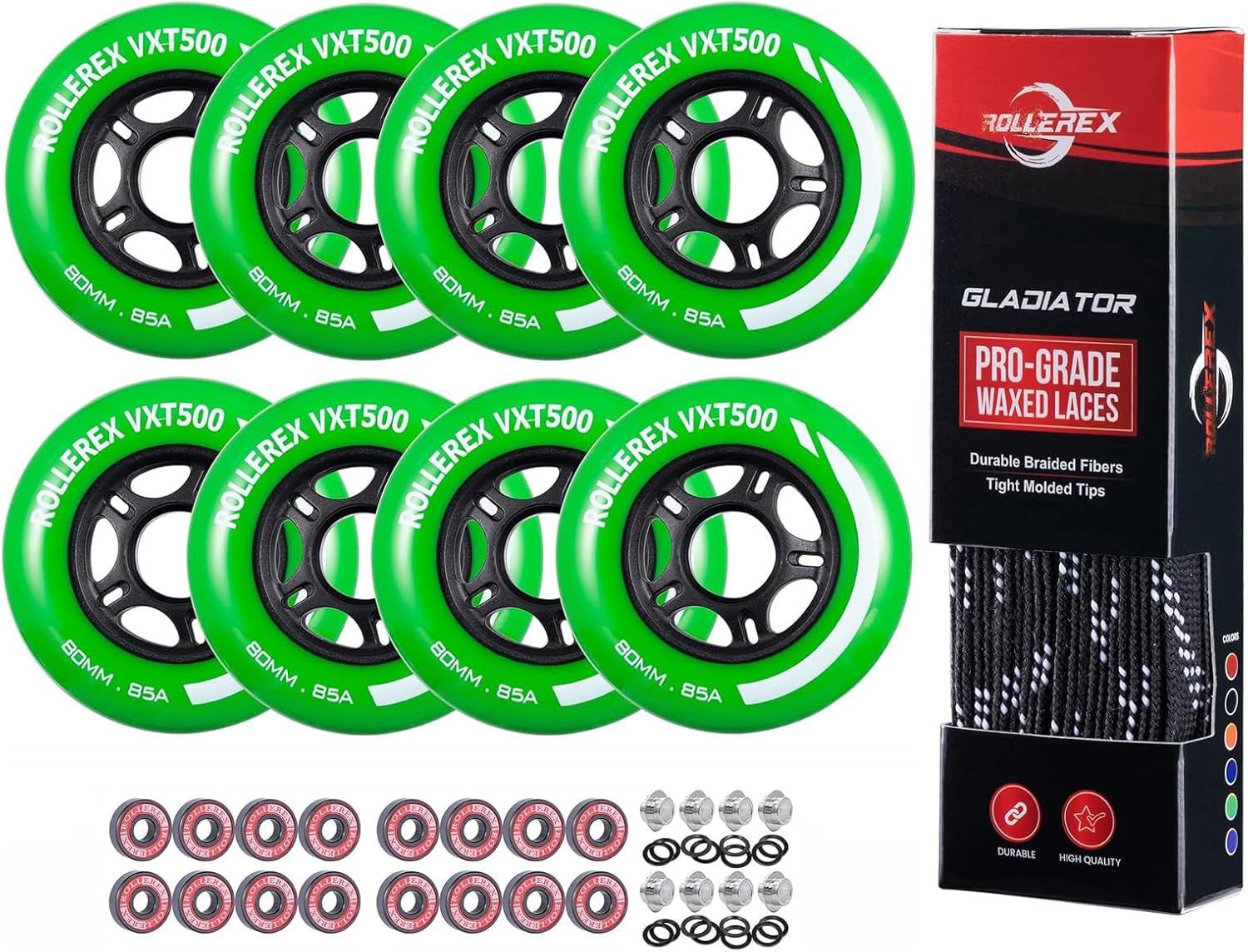 Rollerex VXT500 Inline Skate Wheels 80mm Turf Green (8 Wheels w/Bearings, spacers and washers) Gladiator Waxed Skate Laces (Jet Black, 72") Intended for Roller Blade Wheel Replacement