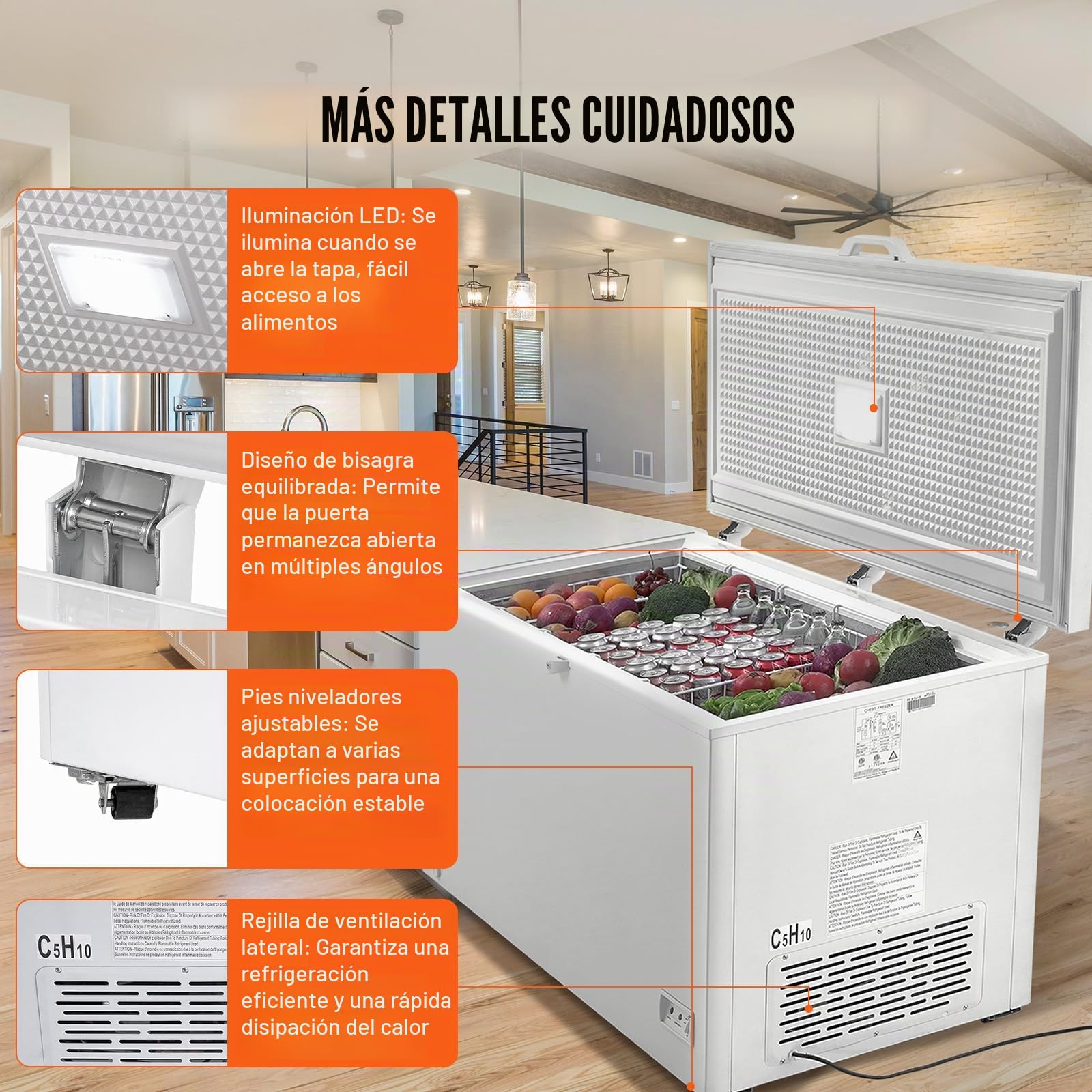 VEVOR Congelador Horizontal Grande de 488 L y 4 Cestas Extraíbles Independientes con Puerta Abierta Superior con Tapa de Bloqueo Temperatura Ajustable de 7 Niveles Iluminaciones LED 6 Ruedas