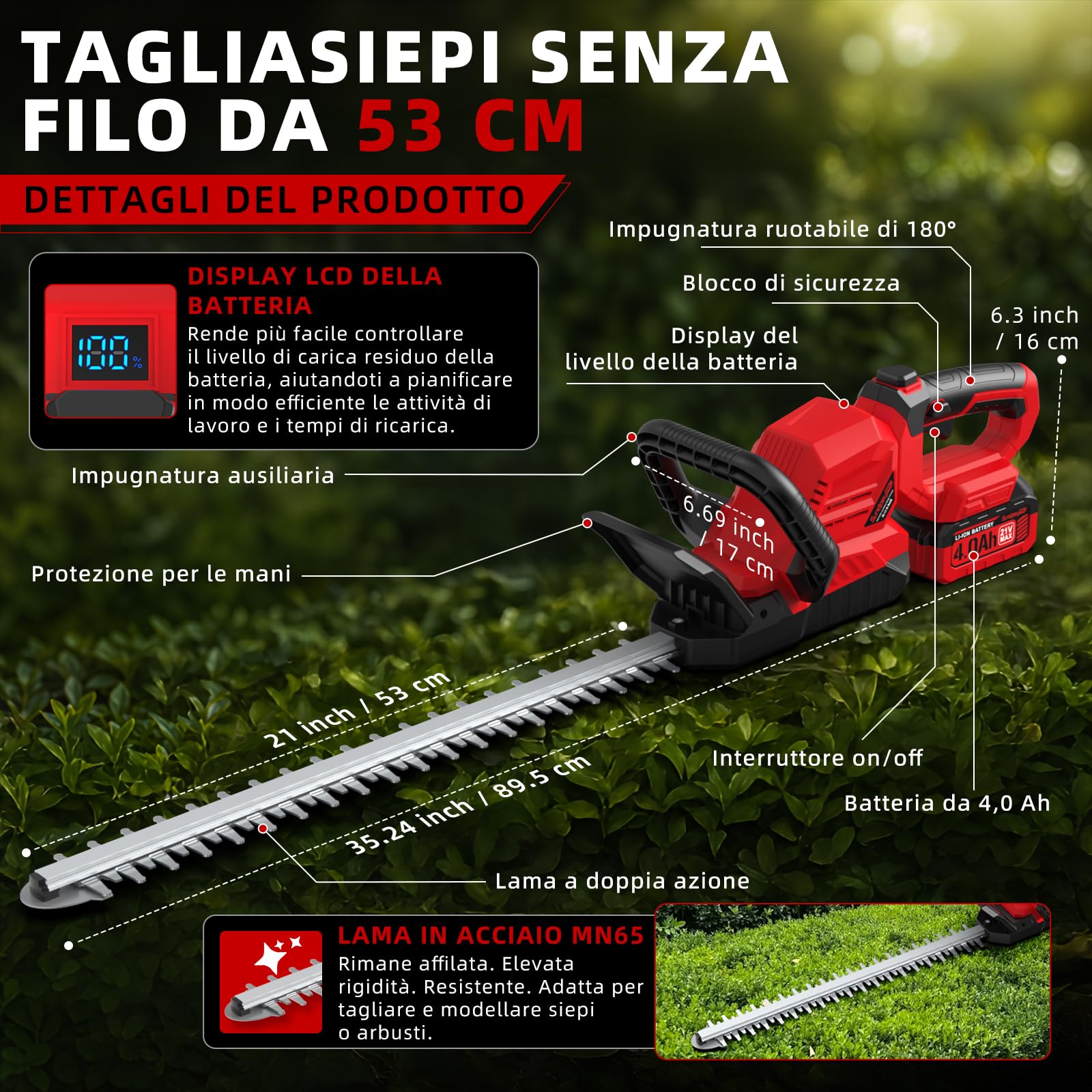 21V Tagliasiepi a Batteria 53cm - Tagliasiepi Elettrico a Batterie 2 x 4.0Ah, Diametro Di Taglio 16mm, Maniglia Ruotabile 180°, Taglia Siepe Giardino per Siepi, Arbusti, Potatura