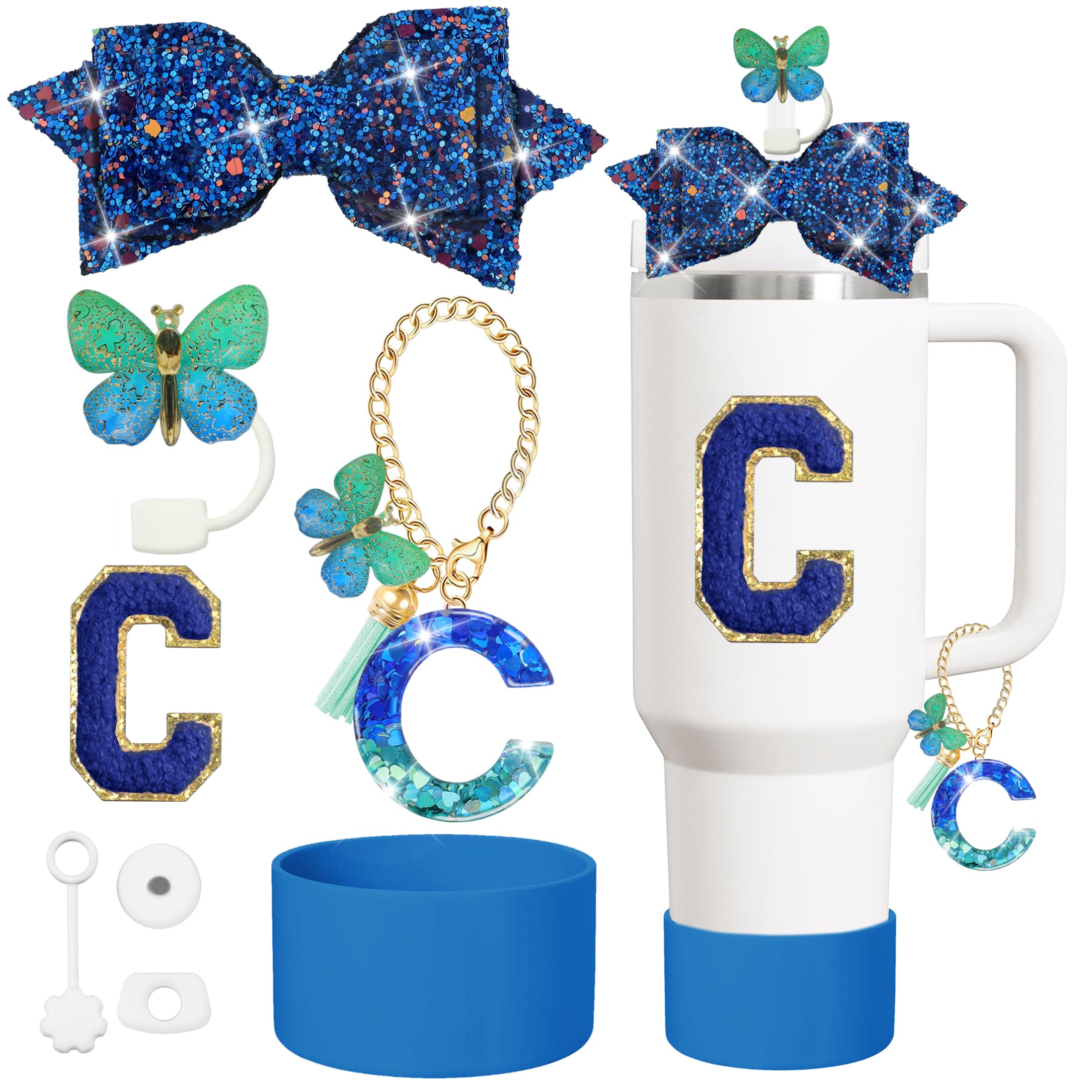 XIANGYUAN 8PCS Cup Accessories Set,Straw Cover Cap for Stanley Cup 30oz or 40oz,Sticker for Stanley Decorations,Initial Letter Charm Personalized (Blue C)