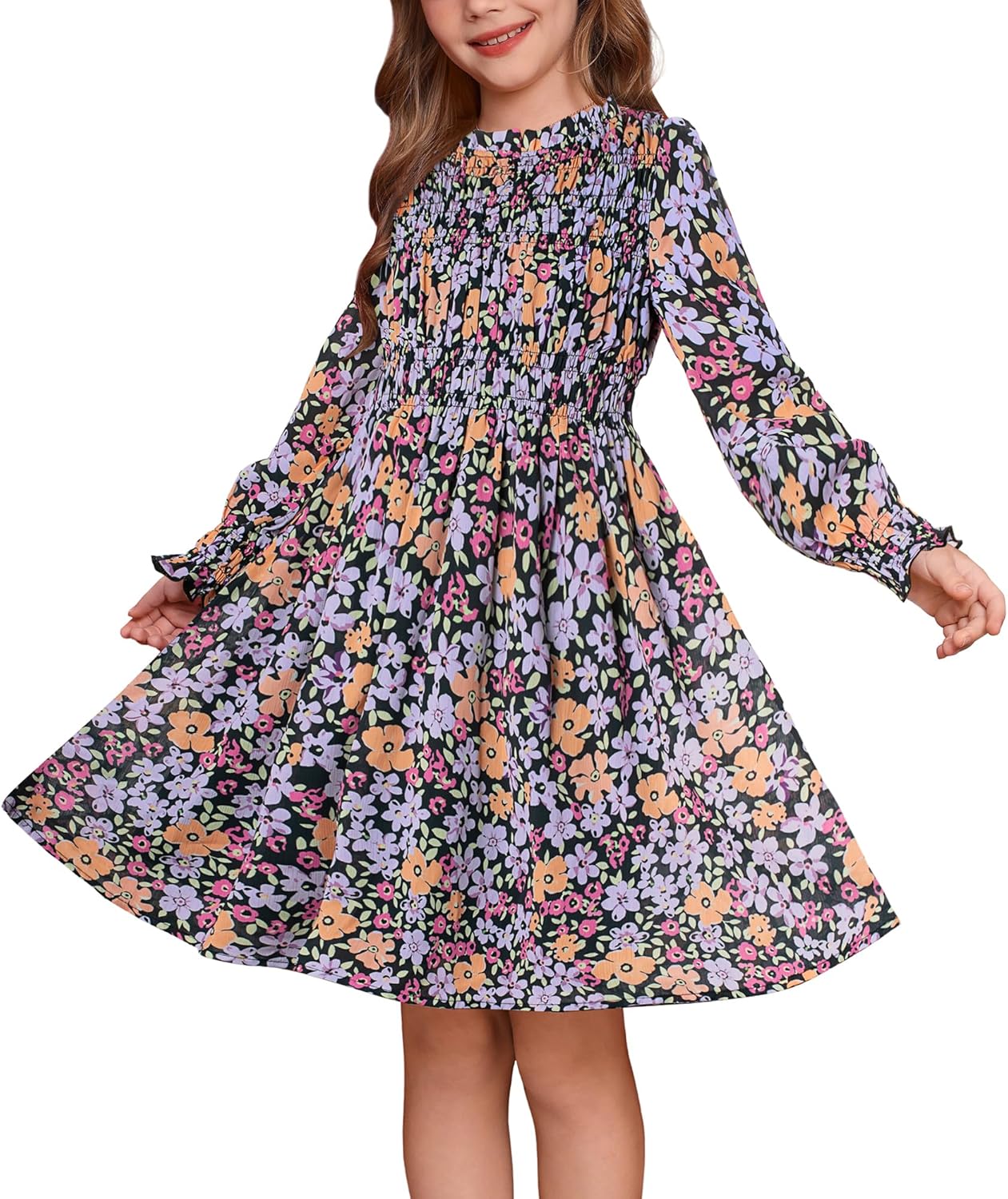 GRACE KARIN Girls' Fall Long Sleeve Dresses Kids Floral Winter Formal Dress Girl Casual Fancy Midi Clothes Size 6-14