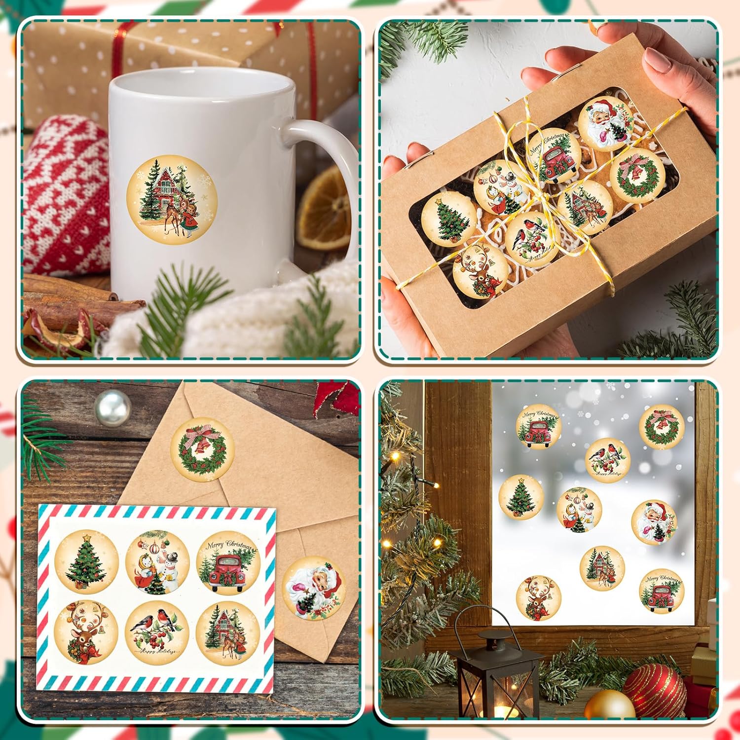 Whaline 1000Pcs Vintage Christmas Stickers Roll Retro Santa Snowman Tree Seal Stickers Xmas Watercolor Self-Adhesive Decals for Winter Party Envelope Journal Decor, 8 Designs