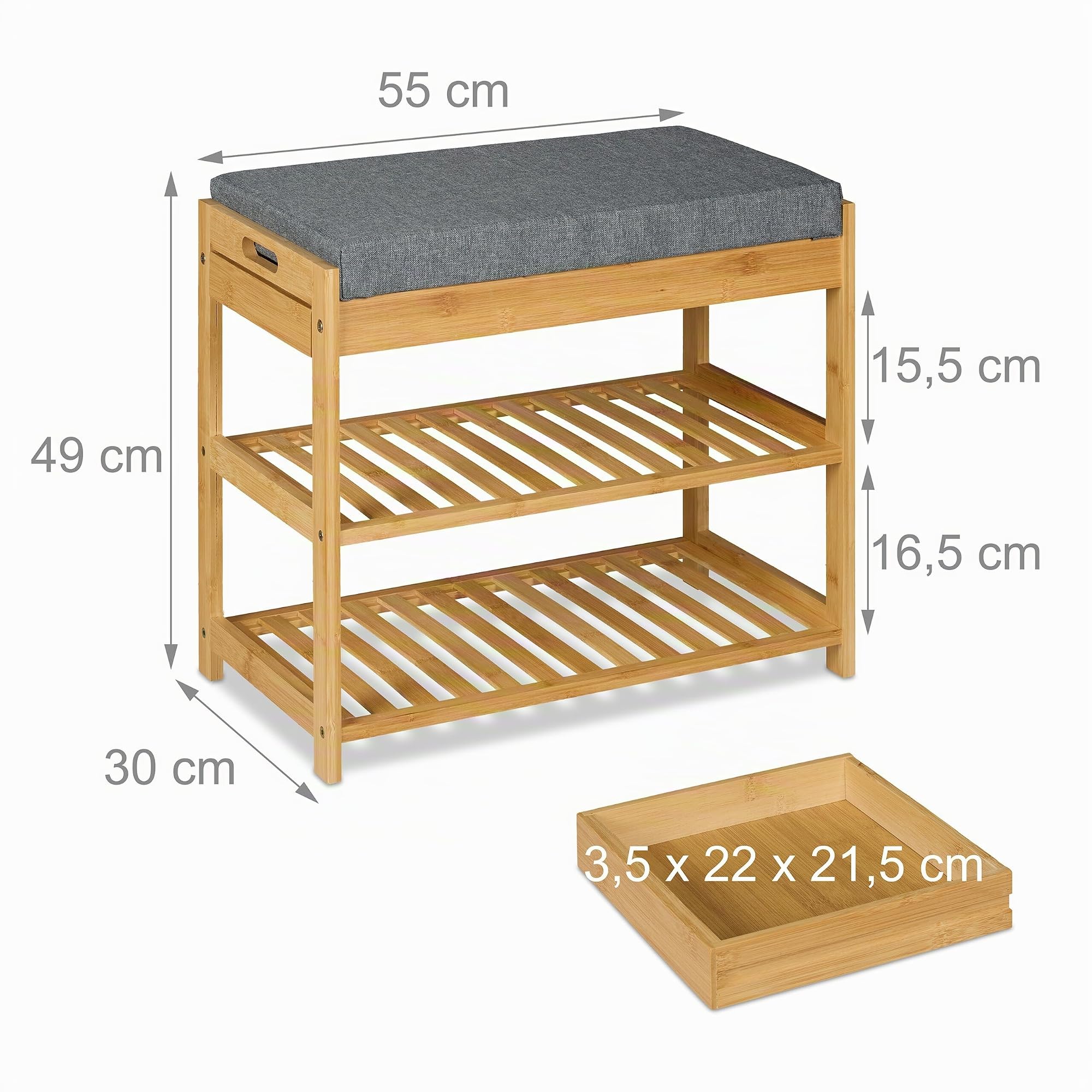 Relaxdays Schuhbank, Polsterbank mit Schuhablage, 2 Ebenen, Schublade, HBT: 49 x 55 x 30 cm, Bambus & Leinen, Natur/grau