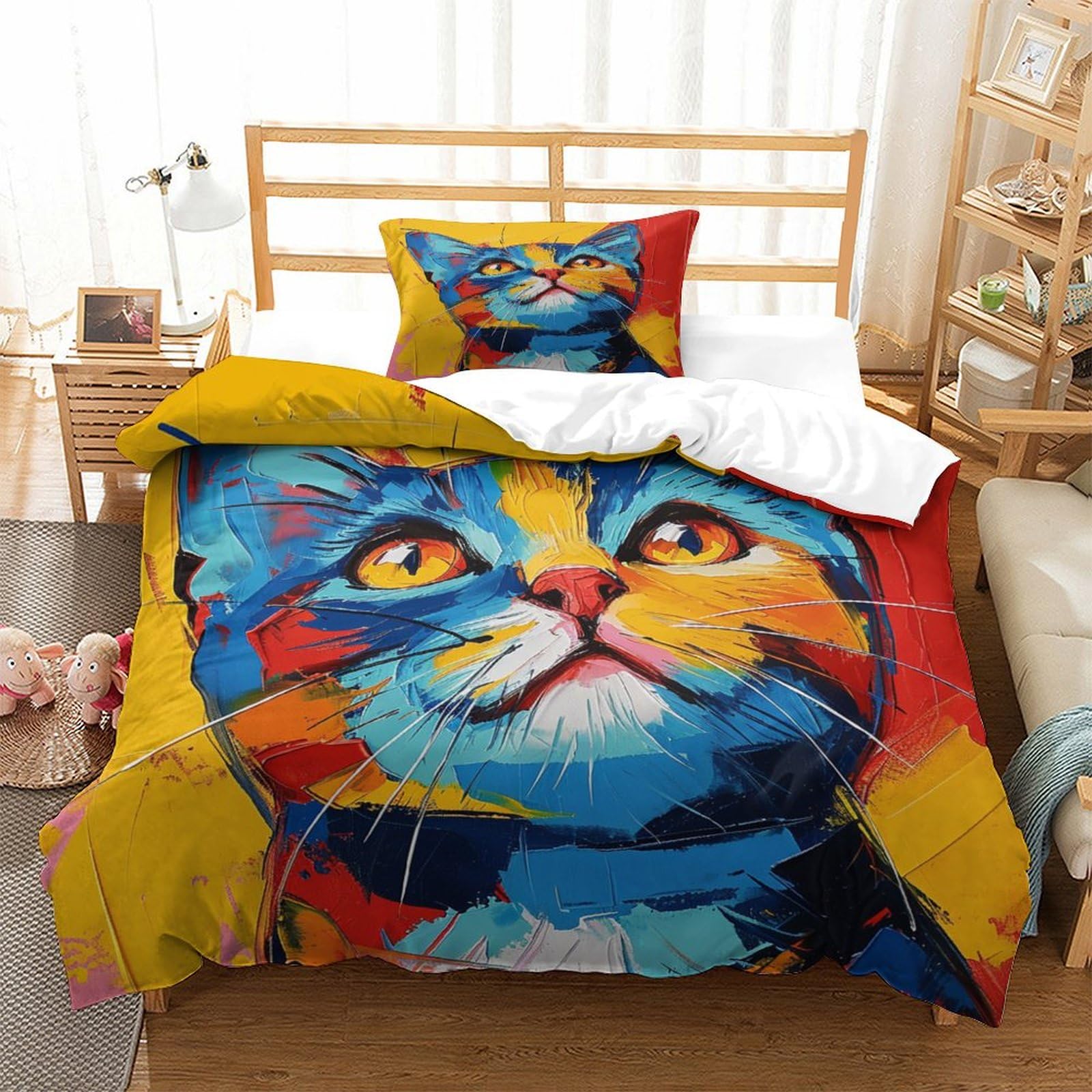 P1S9U7W5Y Colorful Cat 3D Printed Microfiber 3 Piece Duvet Cover Set Bedroom Decor Artistic Cat Bedding Set for Adults Teens Soft Gift Single（135x200cm）