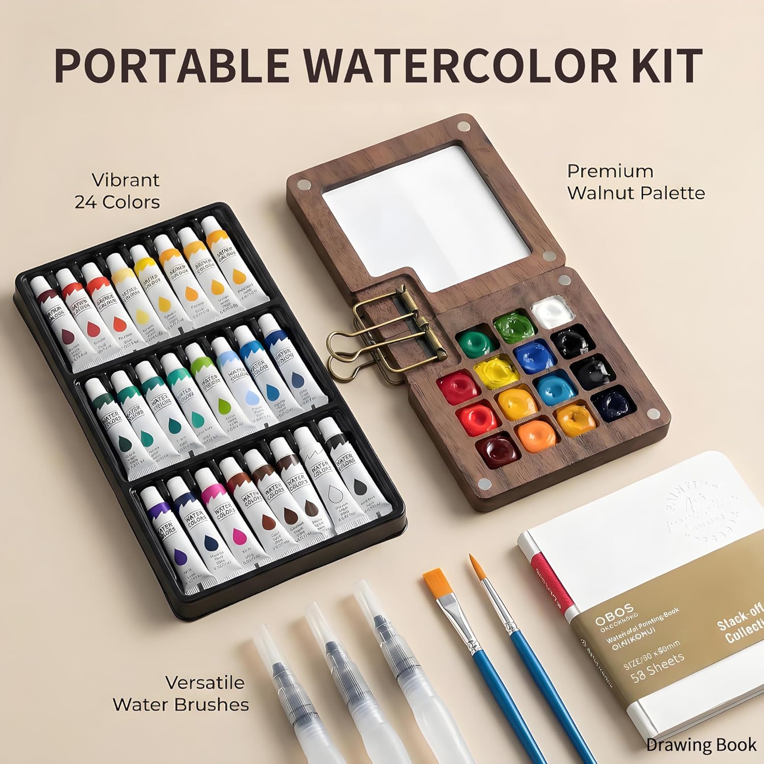 Watercolor Kit,New Mini Watercolor Paint Set, Pocket Watercolor Set with Paint, Brush, Sketchbook & Copper Clip, Travel Kit for Beginners, Artists & Painting Enthusiasts(Walnu -15 Grids)