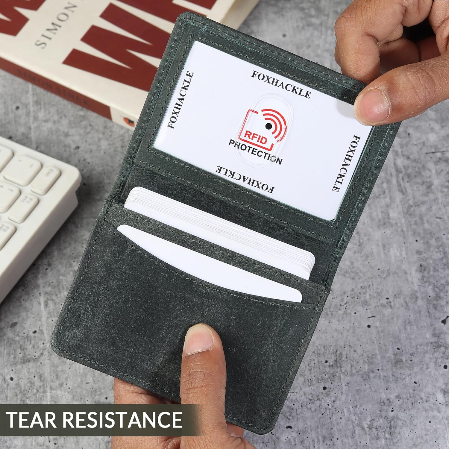 FOXHACKLE Leather Credit Card Holder For Men and Women,Small RFID Blocking Bifold Wallet (With ID Slot, Seattle Green) - Image 4