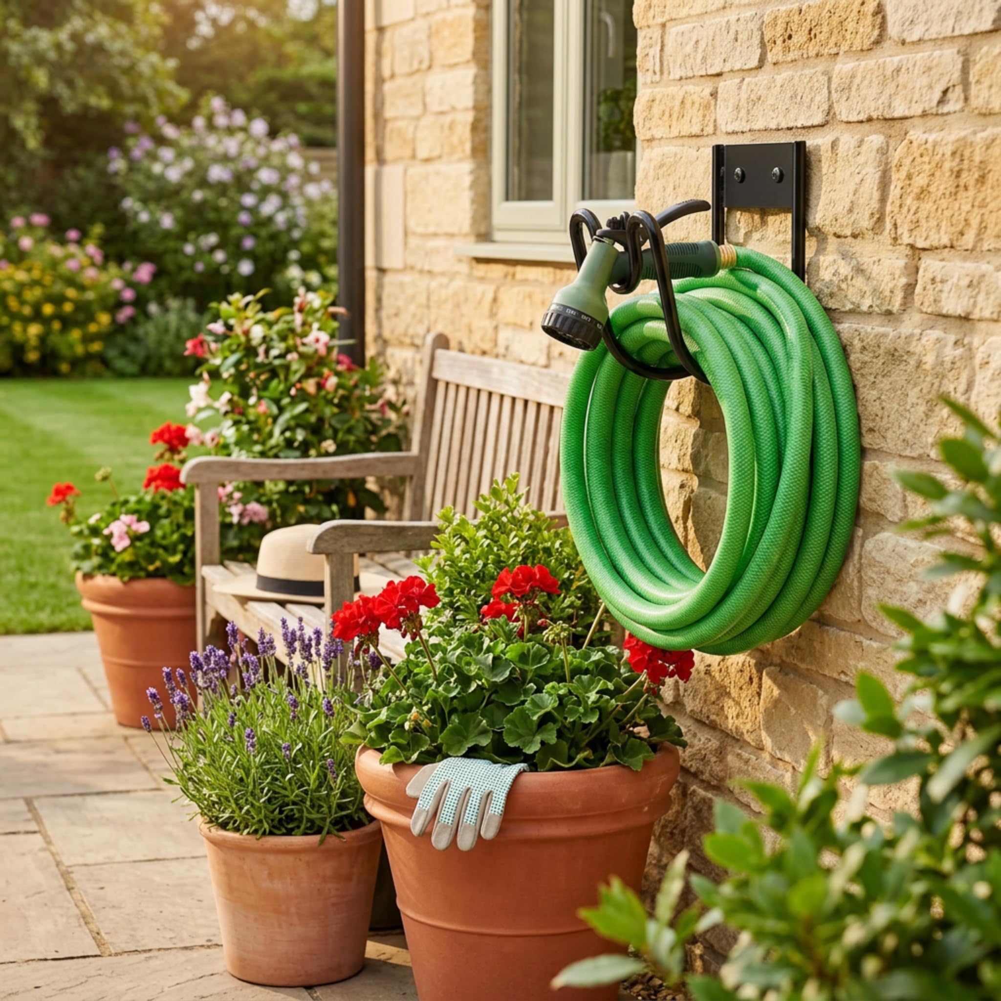 Garden Hose Holder Wall Mounted Metal Hose Pipe Hanger with Fittings - Metal Hosepipe Holder for Wall Storage - Outdoor Mounted Garden Hosepipe Hook with Fittings (Black) — view 7