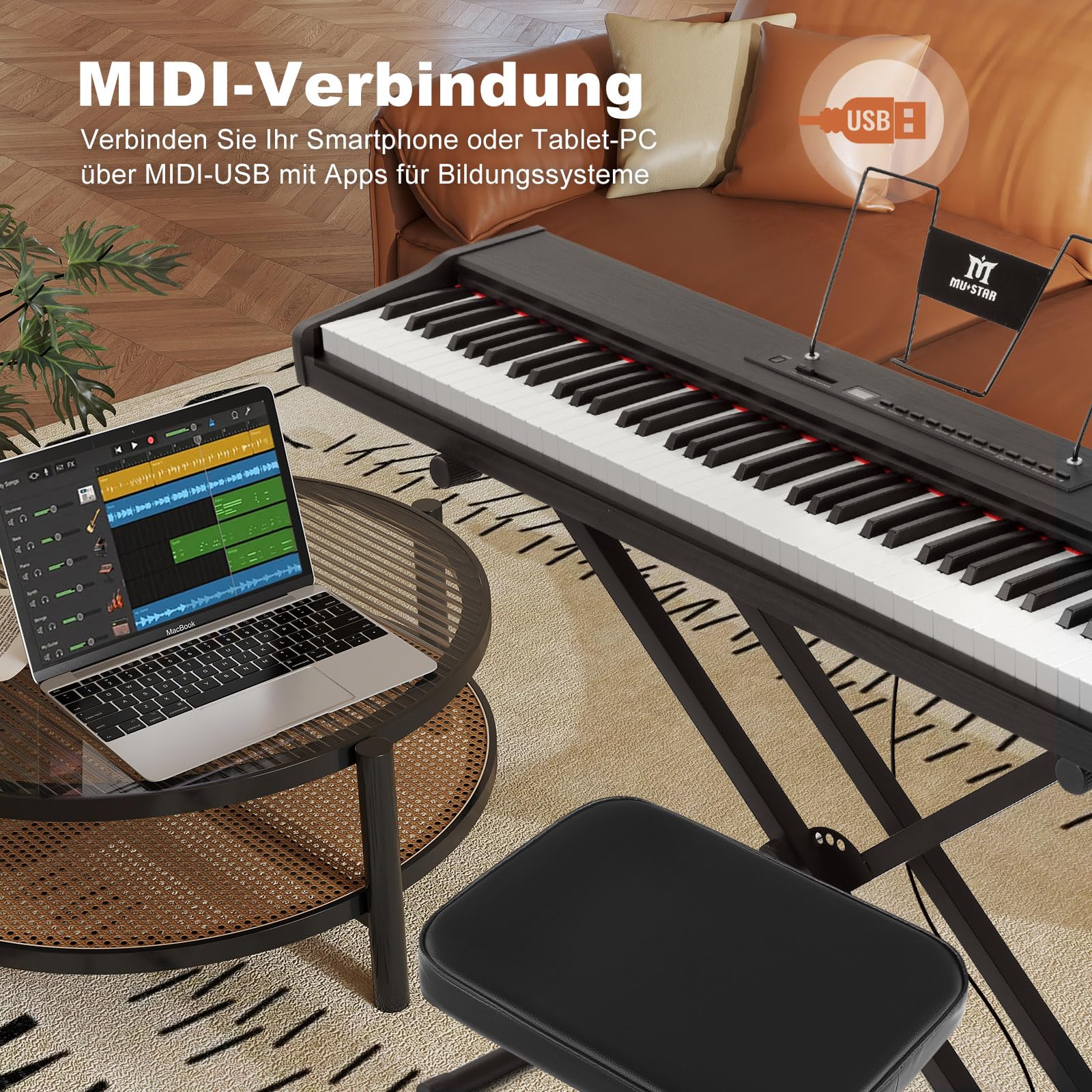 MUSTAR E Piano numérique 88 touches, clavier semi-lesté et Bluetooth, kit portable avec pédale de sustain, support de clavier et sac de transport (noir et banc de piano)