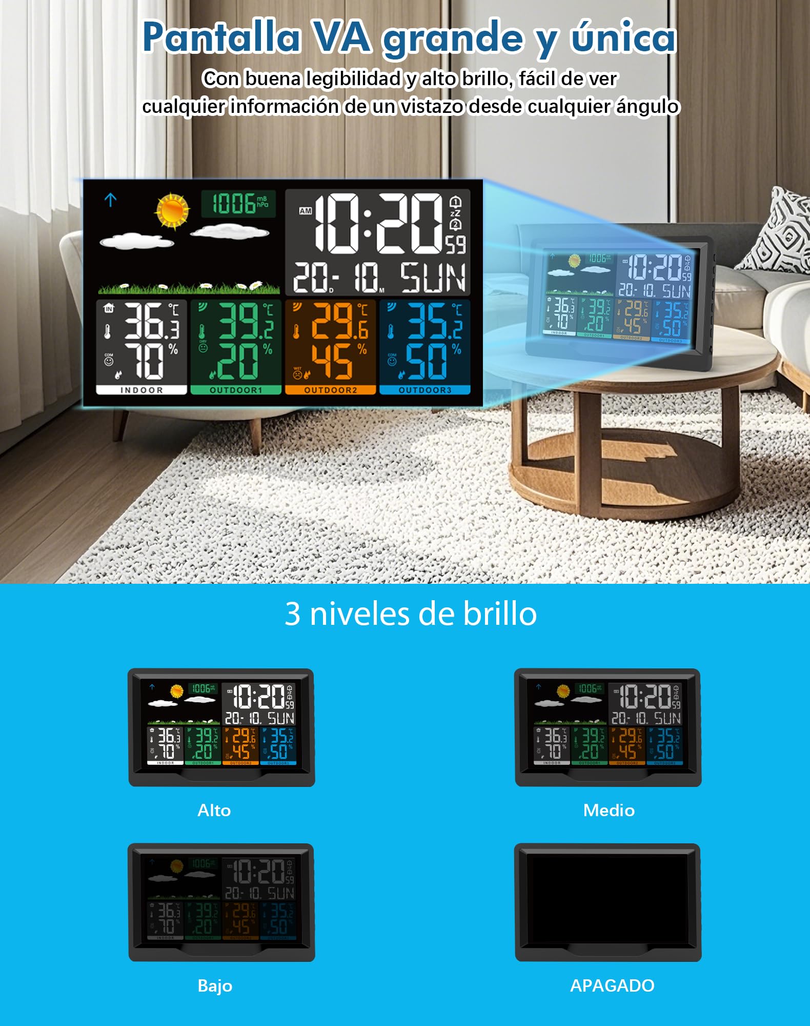 Stazione Meteo Meterologica Digitale con 3 Sensore Esterno Wireless, Stazione Meteorologica con Schermo Colori Sveglia Tempo Data Temperatura umidità Previsioni di Tempo (nero)