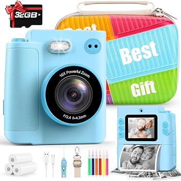 Kids Camera Gift for Boys Girls Digital Camera Instant Print Support Dual HD Video Toys for Kids Teen Boys Girls Ages 3 4 5 6 7 8 9 10 11 12 Birthday Christmas Valentines Gifts with 32G SD Card Blue
