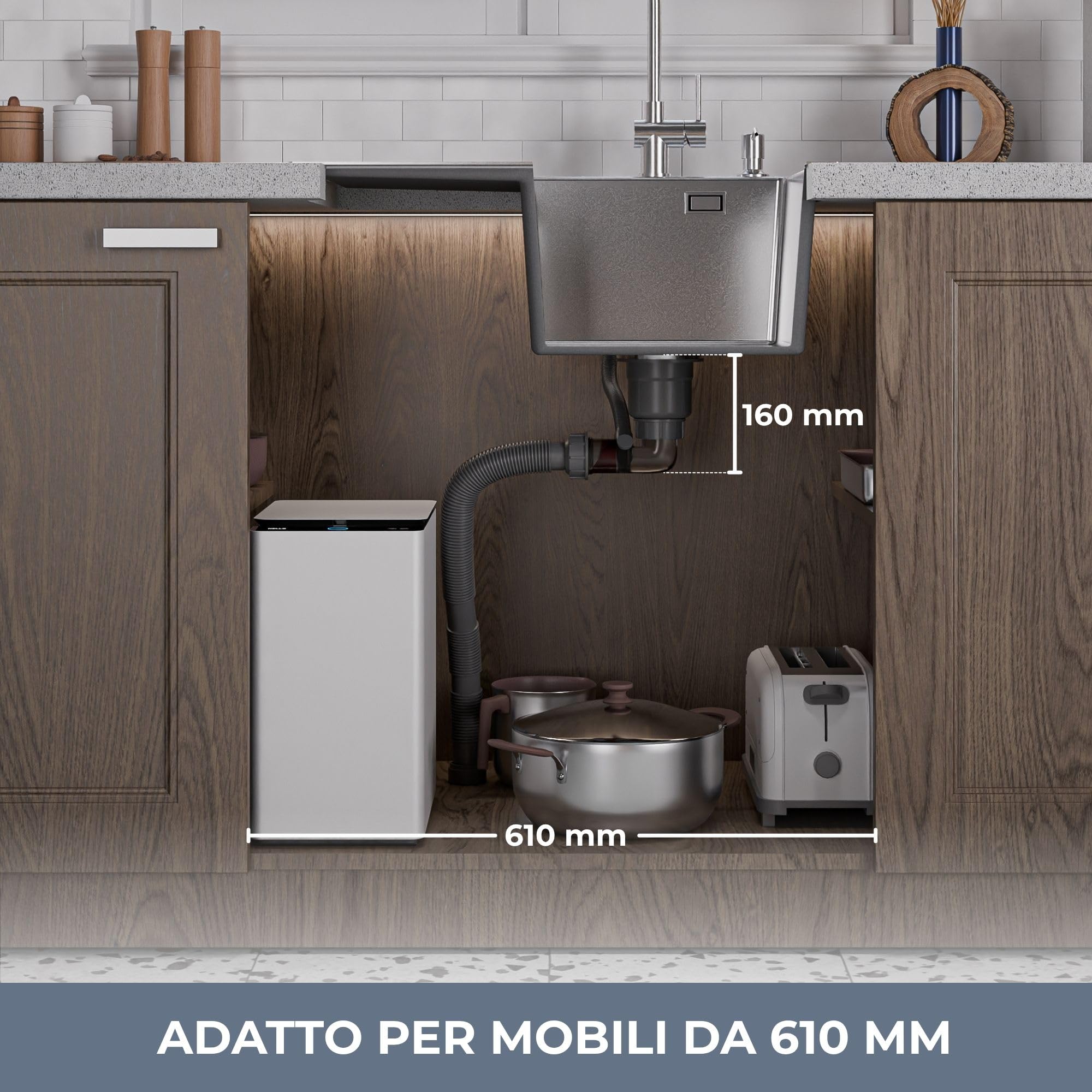 ANW HOME Lavello Cucina 1 Vasca Acciaio Inox, Lavandino Cucina da Incasso con Gocciolatoio 63x50 cm, Argento, Finitura Nano, Spessore 3.0/1 mm, con Sifone, Dosatore e Cestello