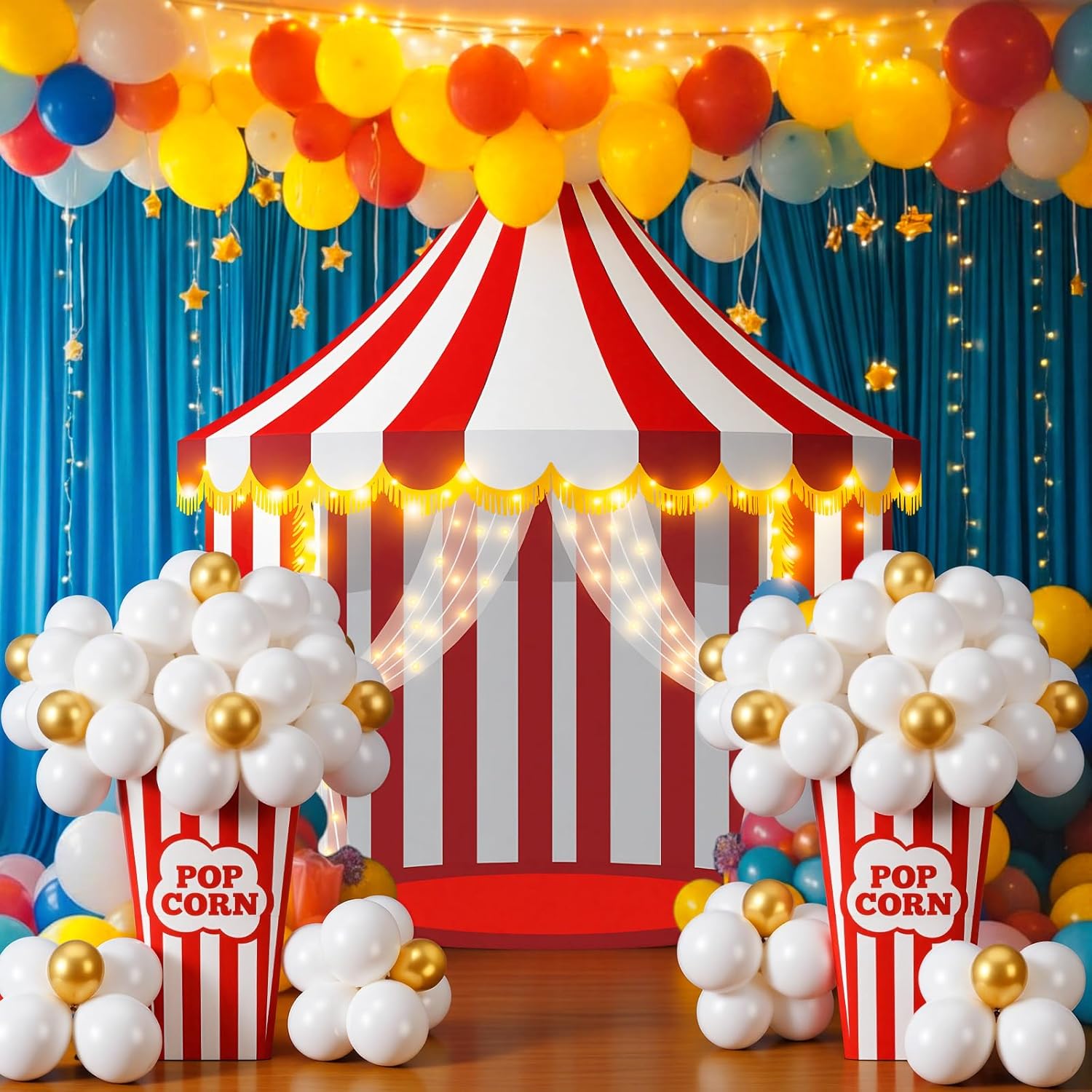 Novabright 103 Pcs Carnival Circus Party Decorations Set Includes Red White Circus Tent Backdrop Popcorn Boxes 100 DIY Popcorn Balloon Kit Carnival Theme Photo Background Birthday Party Decor