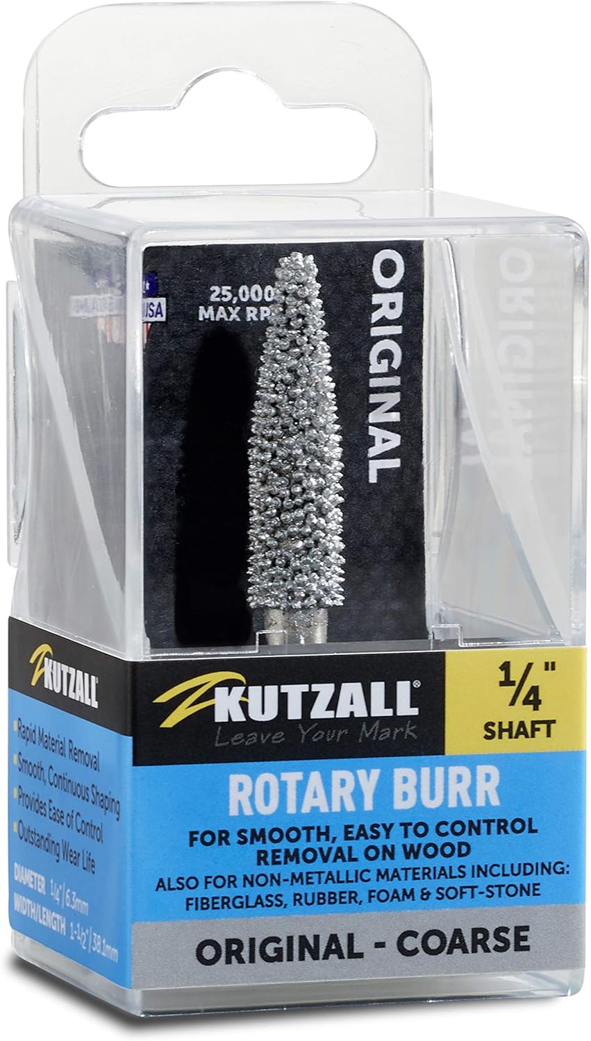 Kutzall Extreme Taper Rotary Burr, 1⁄4" Shaft, Very Coarse - Wood Carving Bit for Bosch, DeWalt, Milwaukee. Abrasive Tungsten Carbide, 3⁄4" (19mm) Dia. X 1-1⁄4" (31.8mm) Length, TX-34C