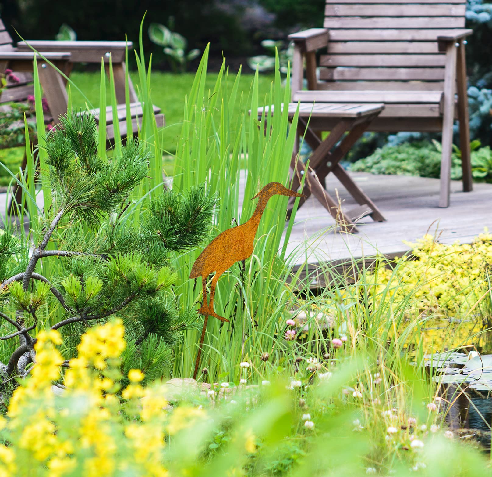Edelrost Gartendeko Fischreiher Rasenstecker - Gartenstecker Rost Reiher geeignet als Garten, Terrassen und Teich Dekoration
