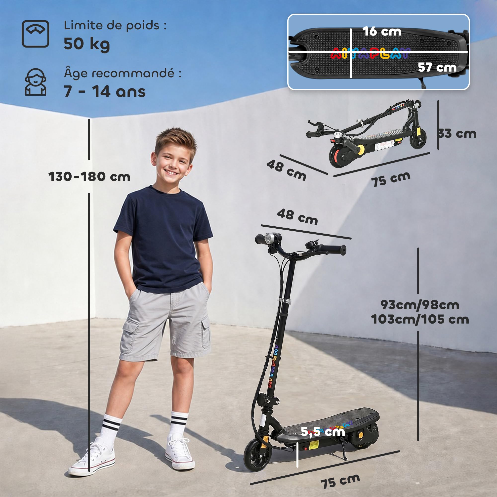 HOMCOM Trottinette électrique Pliable 120 W pour Enfant 7-14 Ans, autonomie Max. 10 Km, Vitesse jusqu'à 12 Km/h, Noir