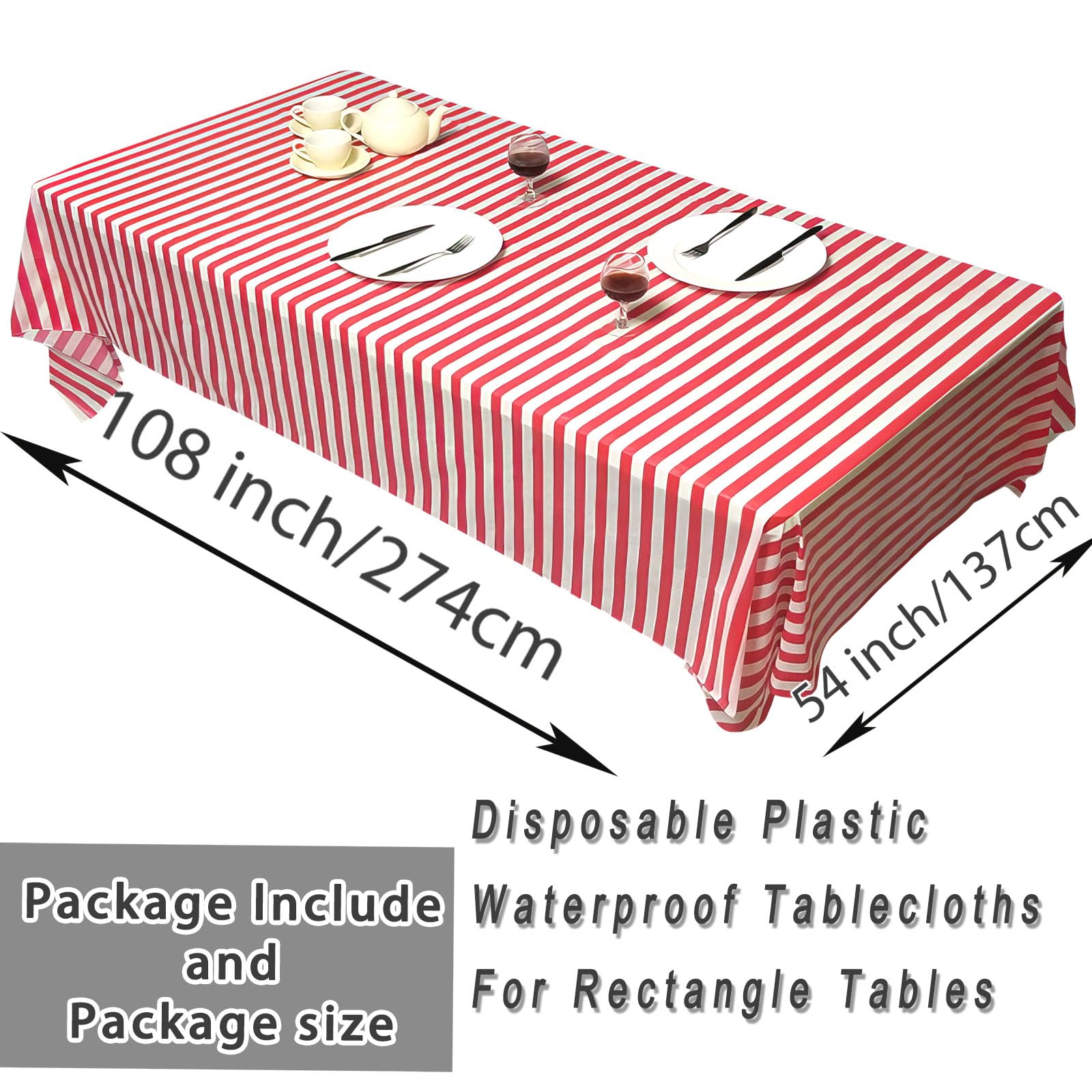6 Pieces Red Striped Tablecloth Wedding Disposable Plastic 108 x 54 Inch Table Decor Red White Striped Design Tablecloth Elegant Decor for Indoor Family Dinner Outdoor Banquet Parties Celebrations - Image 2