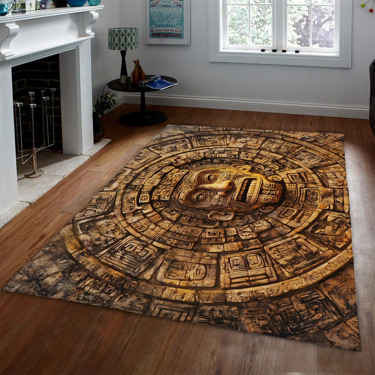 Tapis d'entrée bohème au motif calendrier maya aztèque lavable pour décorer le salon