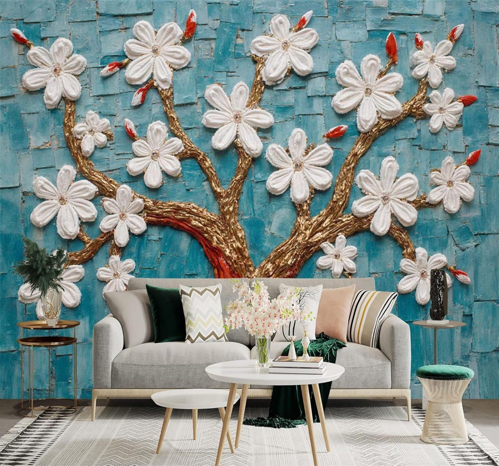 Xlming 150Cm×105Cm(B×H) White Flowers Trees Golden Branches Abstract Blue Brick Wall 3D Wallpaper Silky Texture Home Study Office Grey Dining Room Sofa Bedroom Living Room Tv Backdrop-150Cm×105Cm