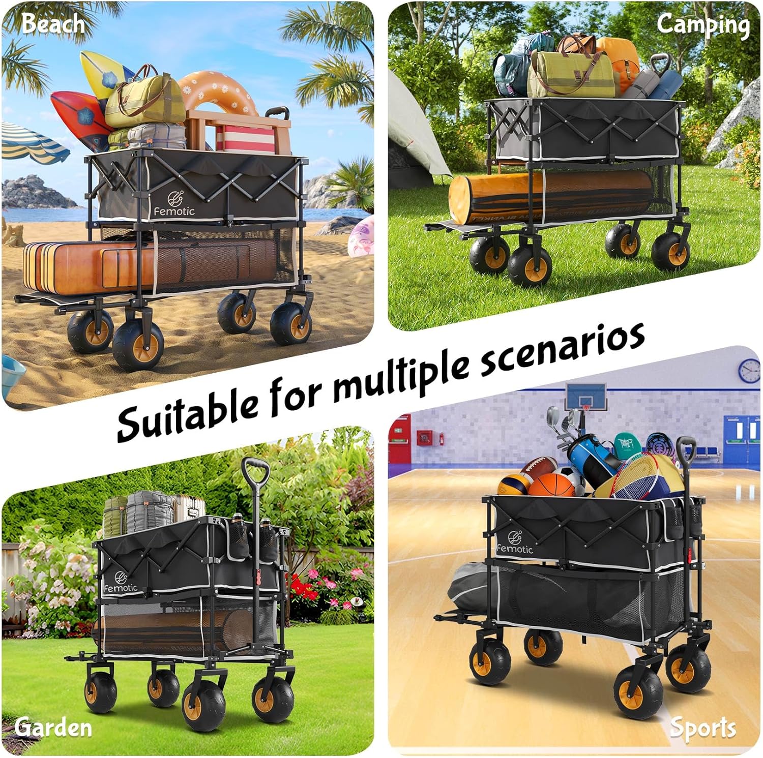 Beach Wagon with Big Wheels for Sand,Heavy Duty Double Decker Wagon with Extender,385L Extra Large Foldable Wagon Cart with 9" All Terrain Inflatable Tires,for Beach Camping Garden and Sports, Black