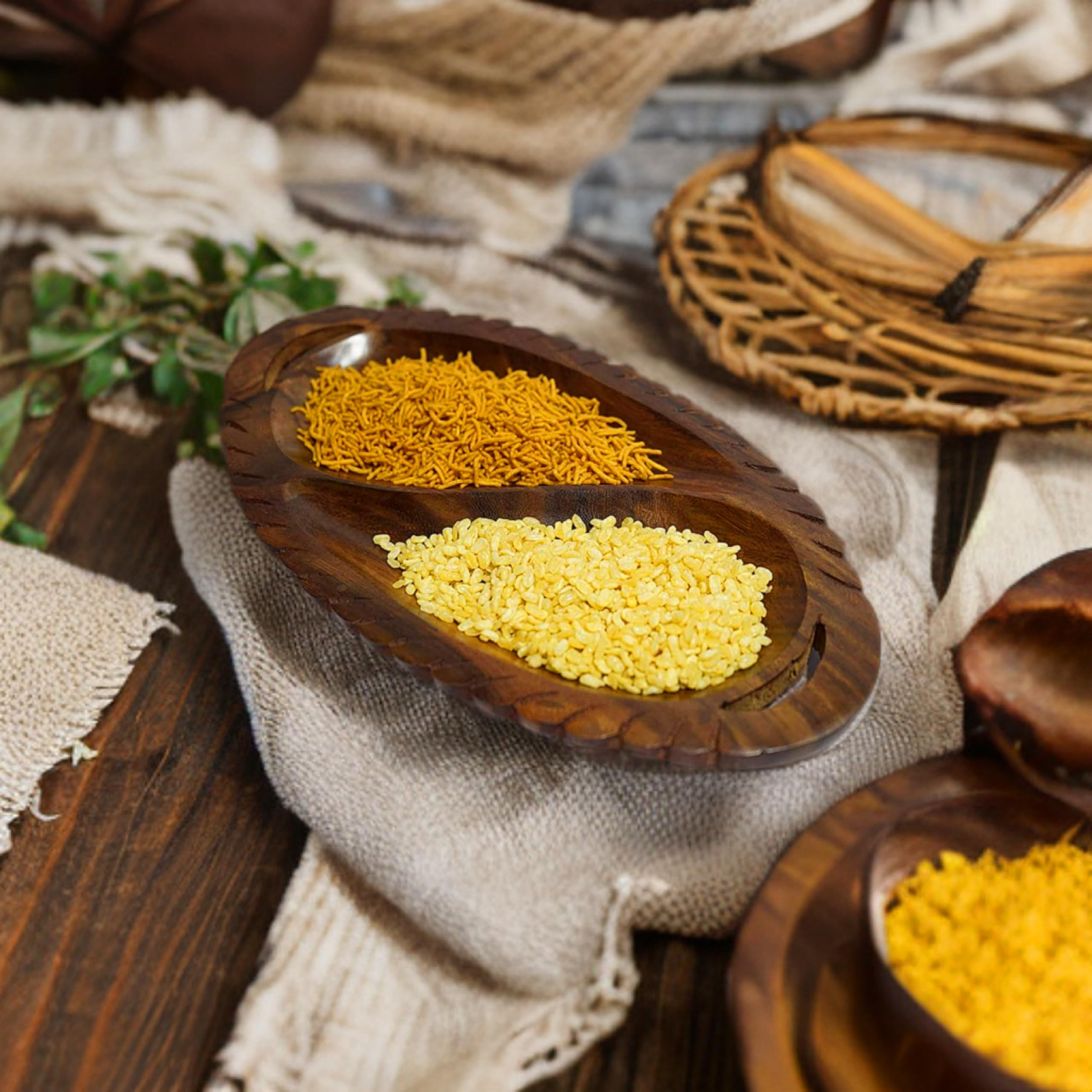 BTC Wooden Snack Serving Tray with 5 Compartments | Dry Fruit, Namkeen & Snacks Serving Plate | Handcrafted Wooden Platter (30 x 15 cm) (Oval)