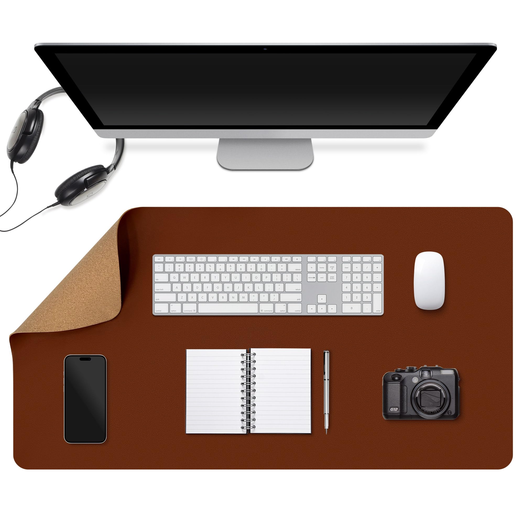 YISH Cork Desk Mat, Natural Cork  PU Leather Underlay, Desk Non-Slip Mouse Mat, 80 x 40 cm, Waterproof for Laptop/Keyboard/Mouse, Office and Home ⟮Brown⟯