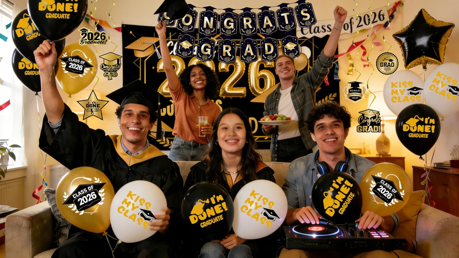 Graduation Party Decorations 2026–Black Gold Grad Banner, Class of Backdrop, Balloons, Fringe Curtains and Foil Balloon, Streamers Kit–Complete Graduation for High School & College Celebrations (Gold)