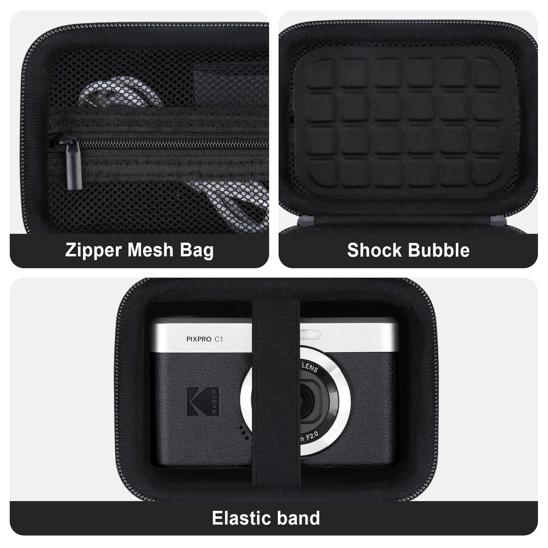 Custodia da viaggio per KODAK Pixpro C1 - Cámara Digital ultracompacta, Punta e spara supporto di archiviazione portatile per fotocamera digitale con borsa in rete per cavo di ricarica, Nero