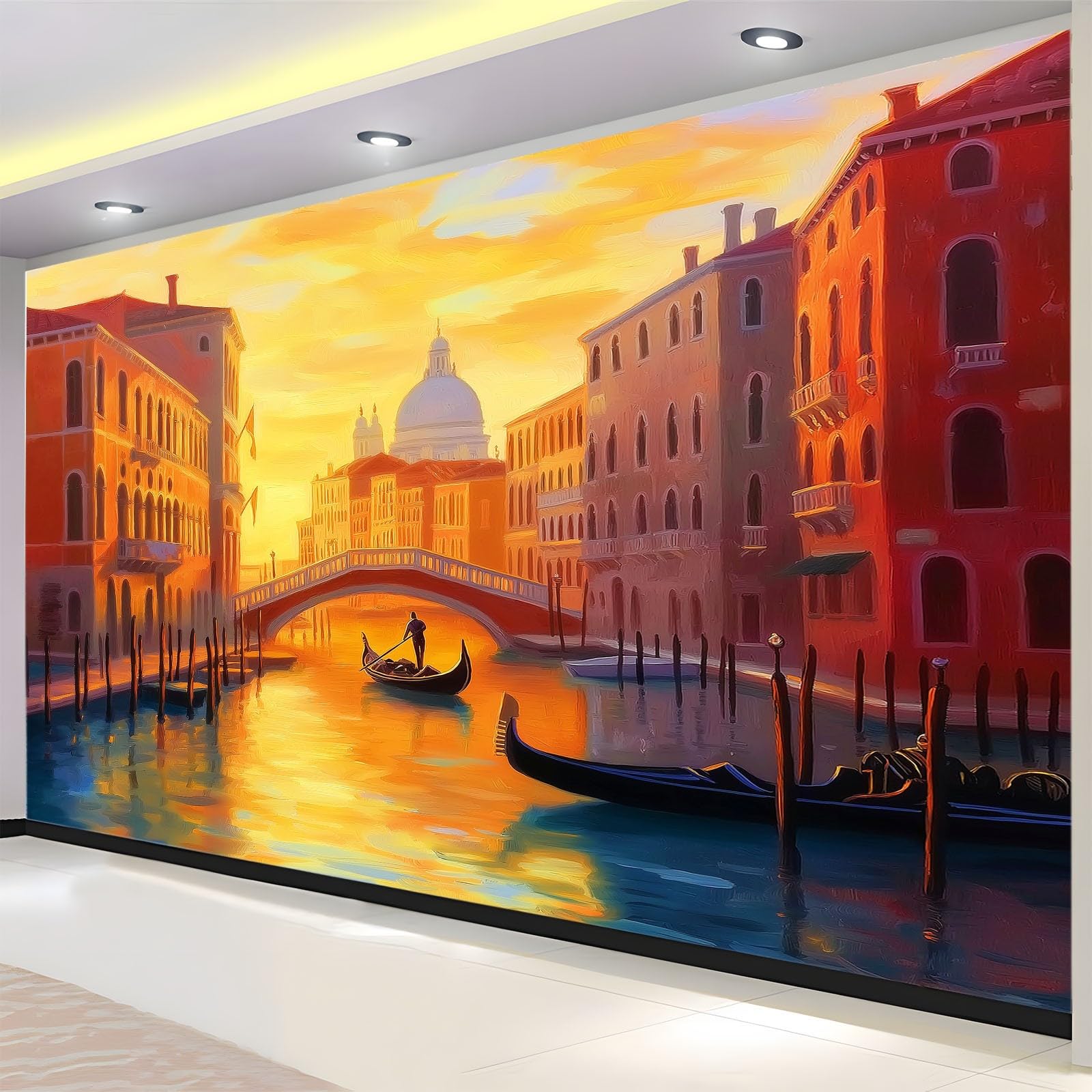 Panoramiczna tapeta 200 x 140 cm Architektura Miejska Kanał Zachodu Słońca Włóknina XXL Mural Dekoracja ścienna Gobelin Fototapeta Salon Sypialnia - Tapeta Trompe l'eil Efekt 3D, kolor pomarańczowy