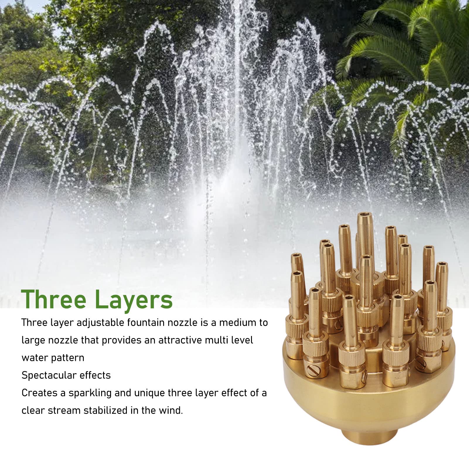 Yctze Boquilla de Fuente de Aspersor de Latón de 3 Capas, Aspersor con Riego Ajustable, Boquillas de Fuente de Agua de Jardín para Estanque con Agua Clara, Ideal para Jardín y Fuentes (G1.5in)
