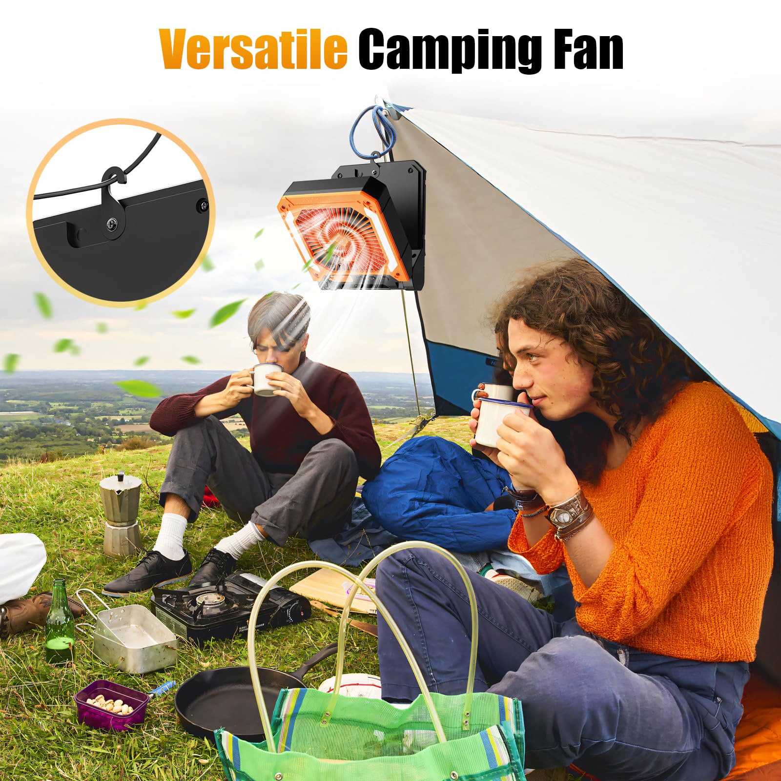 Ventilateur solaire de camping - 20 000 mAh - Rechargeable - USB - Avec lumière LED et crochet - Clip à piles - Pour extérieur, camping, panne de courant, pêche, ouragan