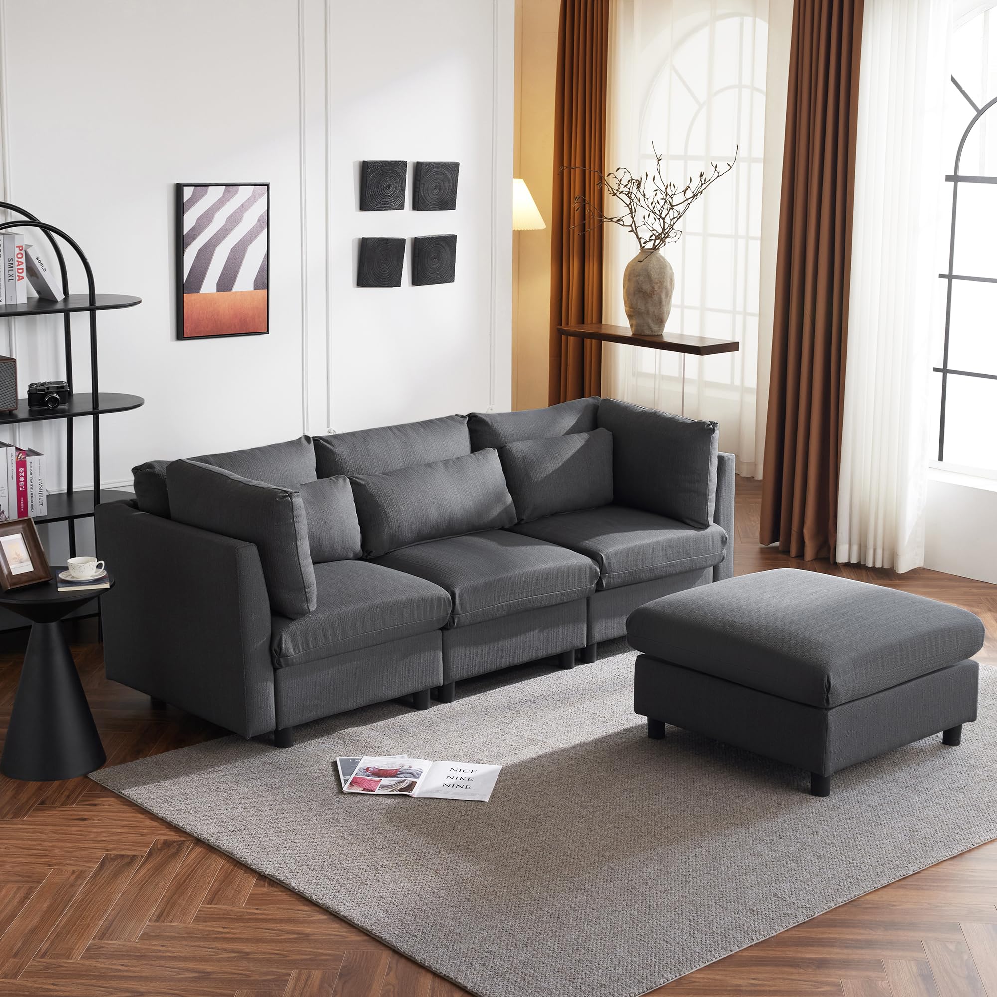 Soweiz Design moderno, divano a tre posti con poggiapiedi, divano ad angolo a forma di L, 220 x 83 x 81 cm (grigio)