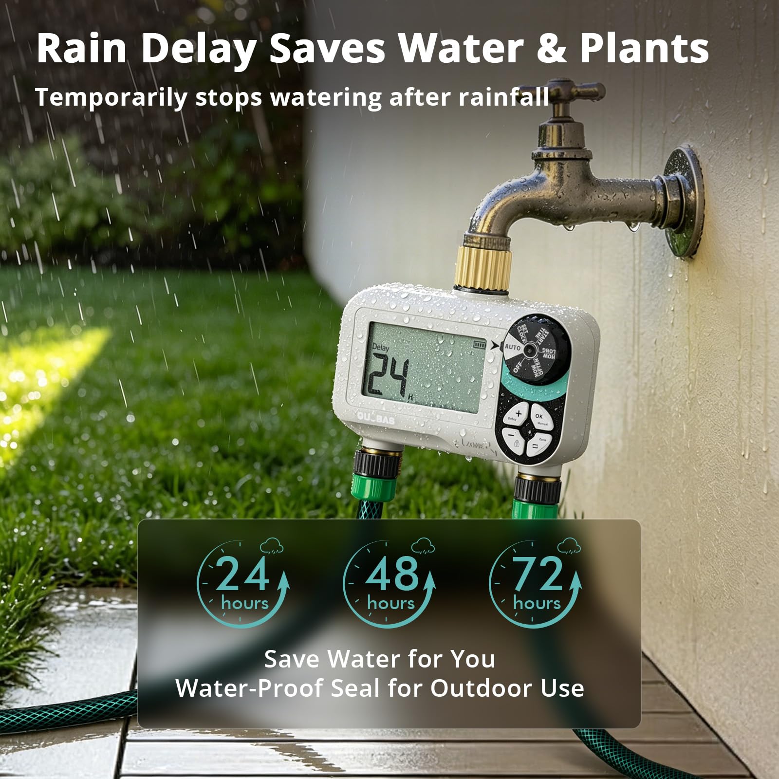 QUOBAS Timer per irrigazione a pressione zero con blocco bambini, timer programmabile per tubo da giardino con porte in ottone, sistema di irrigazione manuale o automatico, 2 zone di irrigazione per