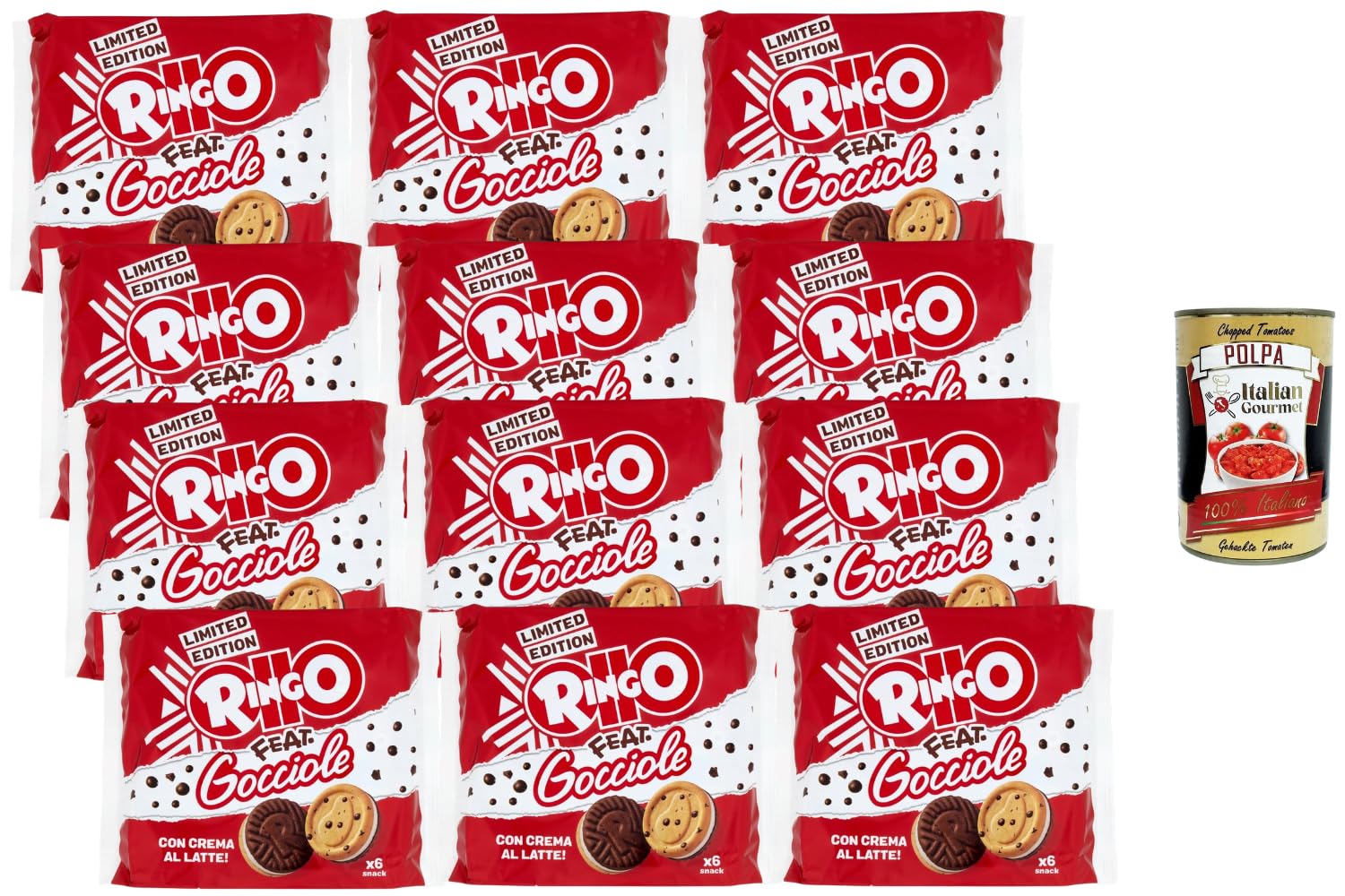 Italian Gourmet Bundle Gefüllte Sandwich-Kekse Milchcreme 12x 165g + Italian Gourmet Polpa Gratis – Limited Edition Ringo feat. Gocciole, Kakao- & Schokotropfen-Kekse, 72 Snackportionen, Vorrat 1,98kg