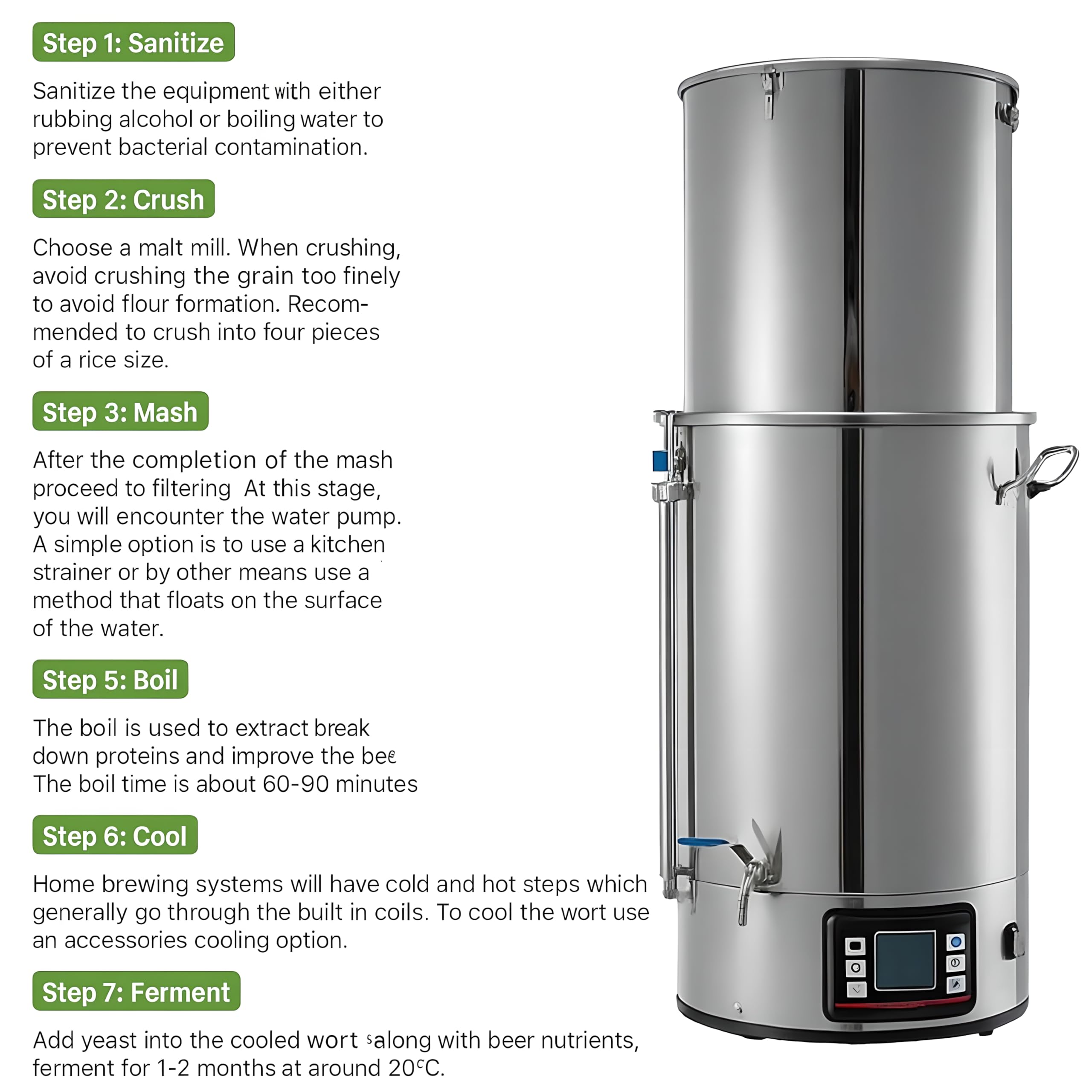 Kit automático de elaboración de cerveza con tubo de puré visualizado, calefacción de 2500 W, 7 etapas programables, capacidad de 60 litros para elaboración casera