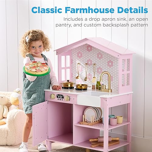 Miniatura 2 de Best Choice Products Juego de cocina de madera para niños con almacenamiento de juguetes, perillas de clic, ventanas, 5 accesorios incluidos, rosa