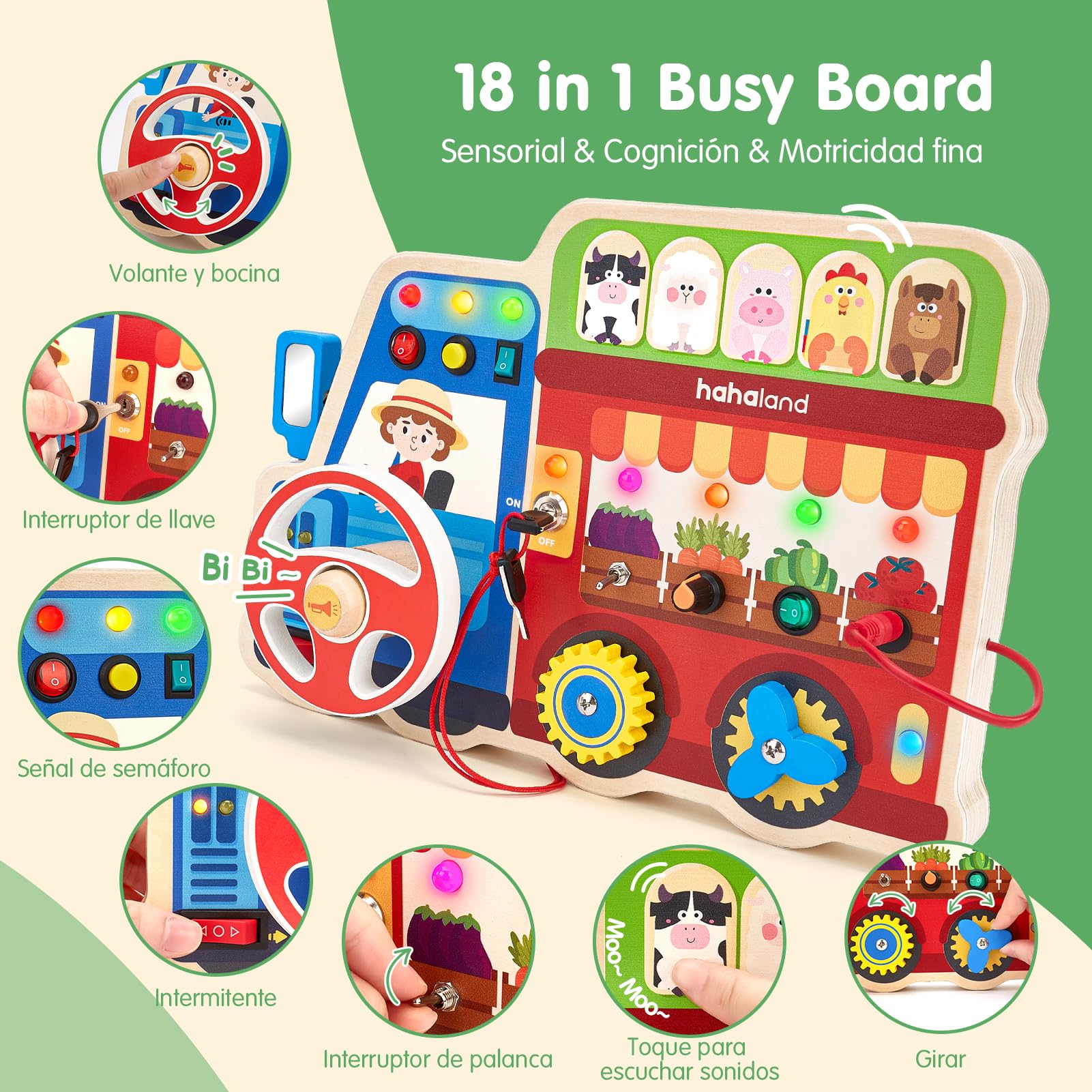 hahaland Juguetes Montessori Niños 1 año, 18 en 1 Busy Board de Madera | Luces LED y Interruptores, Motricidad Fina para Bebés Juguetes Sensoriales 1 2 3 años